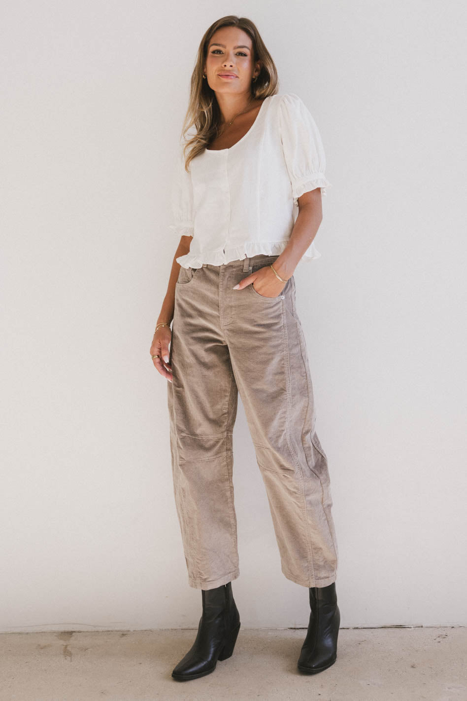 Lisette Women's Tan Corduroy Barrel Jeans - High Waisted Stretch Denim Pants for Casual & Work Wear - Final Sale