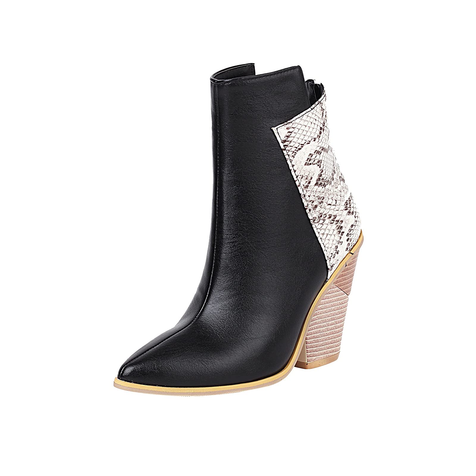 Huazi2 Women's Chunky Mid Heel Ankle Boots - Snake Print Stitched Booties for Work & Dress | Comfortable Office Shoes, Night Out & Fall Fashion
