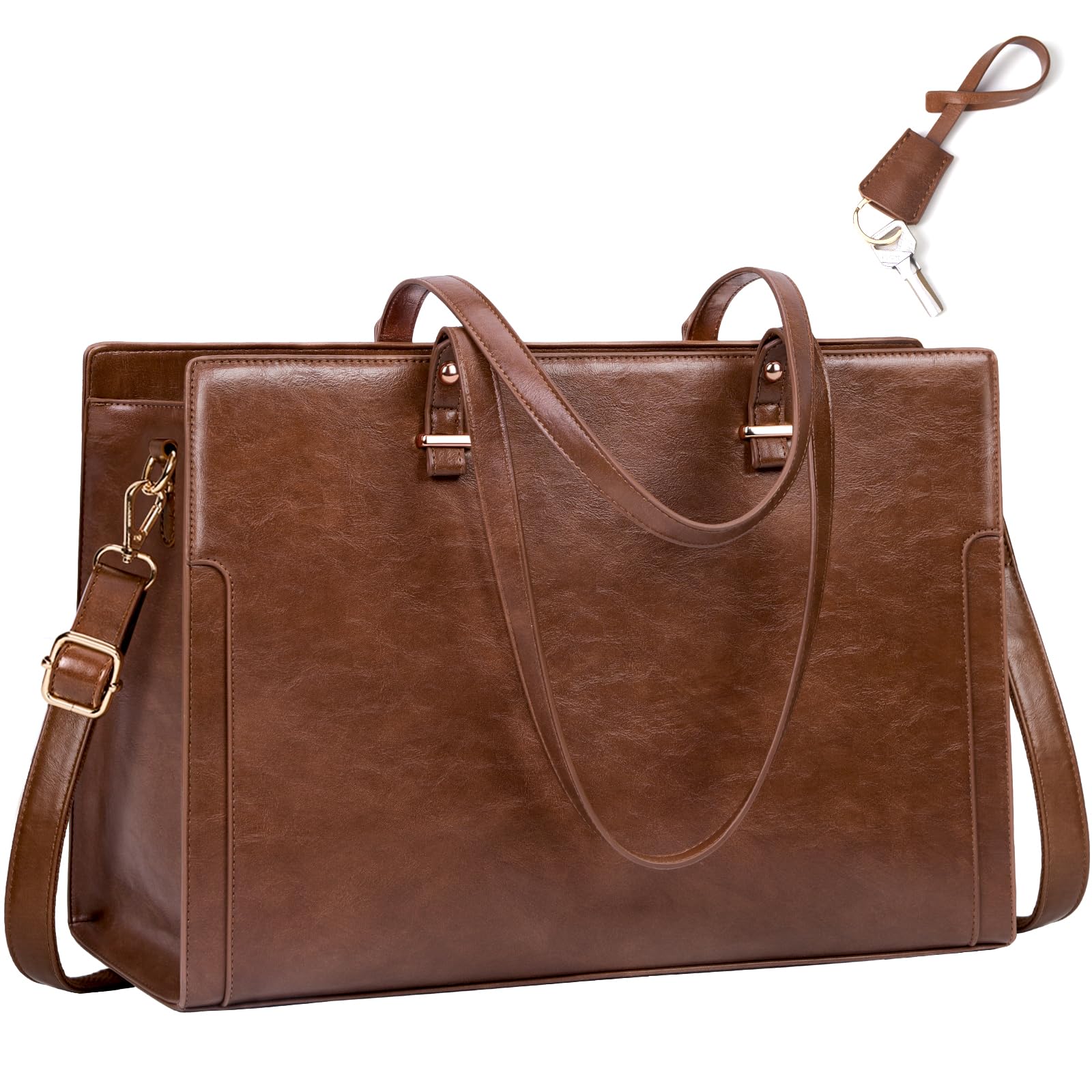 RAINSMORE 15.6 Inch Vintage Leather Laptop Bag for Women - Waterproof Professional Work Tote & Shoulder Bag for Business Office - Retro Brown Computer Briefcase | Perfect for Business Travel, Commuting & Work Meetings