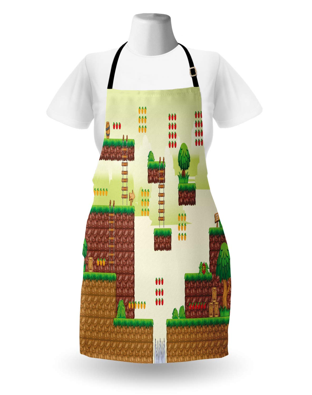 Ambesonne Unisex Arcade Video Game Print Apron - Adjustable Neck Kitchen Bib for Cooking, Baking, Grilling & Gardening - Ground Tiles Trees Computer Game Design - Adult Size Pale Green Brown - Perfect for Gamers, Home Chefs & Outdoor Enthusiasts