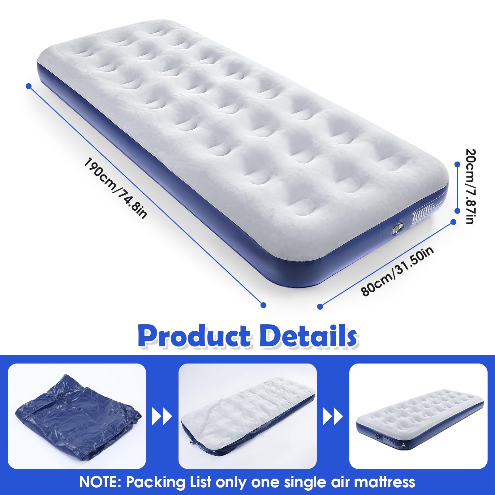 Inflatable Camping Air Mattress with Flocked Surface - Portable Travel Air Bed for Outdoor Camping, Tent & Guest Use - Perfect for Backpacking, Hiking & Home Sleepovers