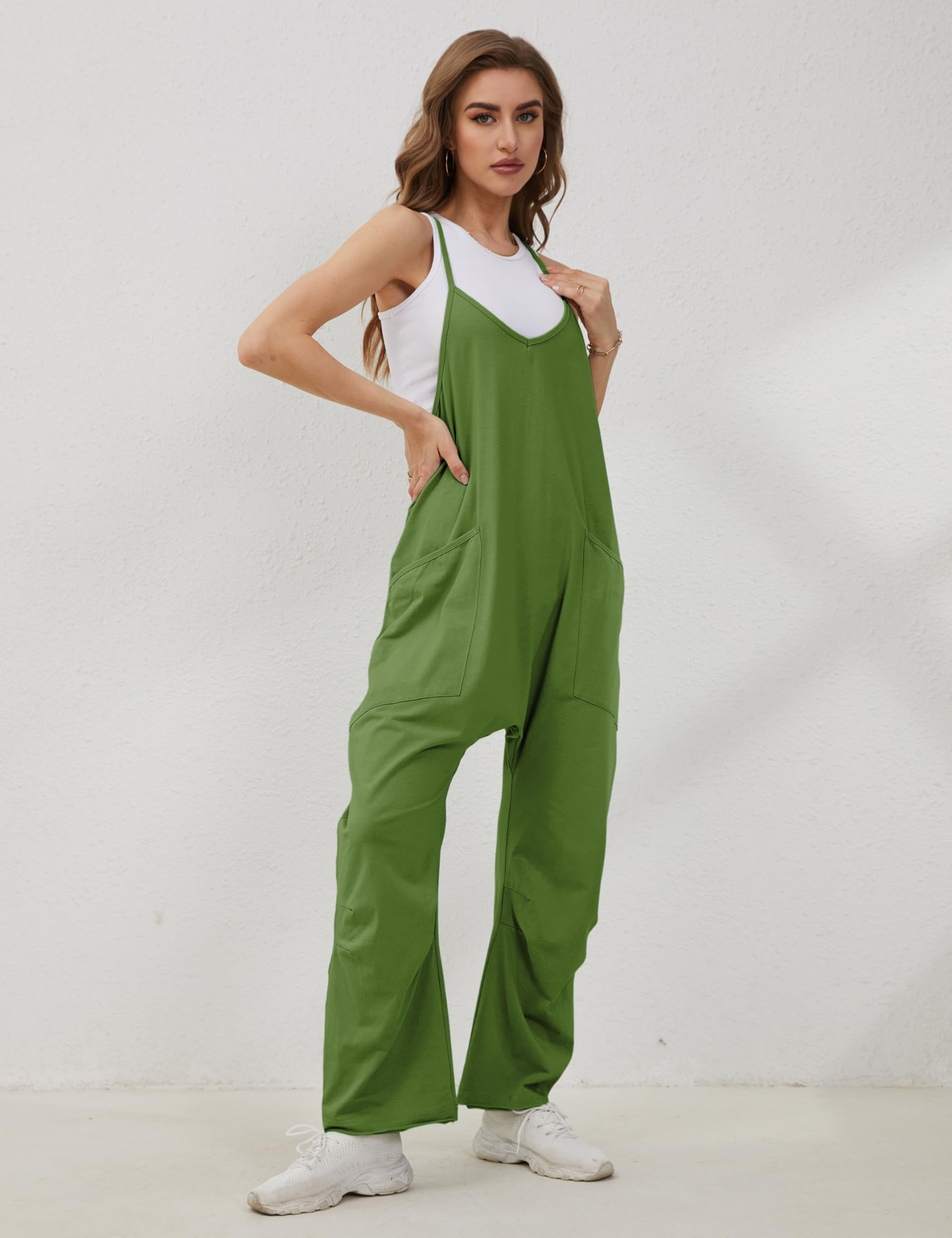 Lentta Women's Casual Jumpsuit - V Neck Sleeveless Harem Overalls with Pockets, Stretchy Adjustable Strap Romper for Summer Outfits & Beach Wear