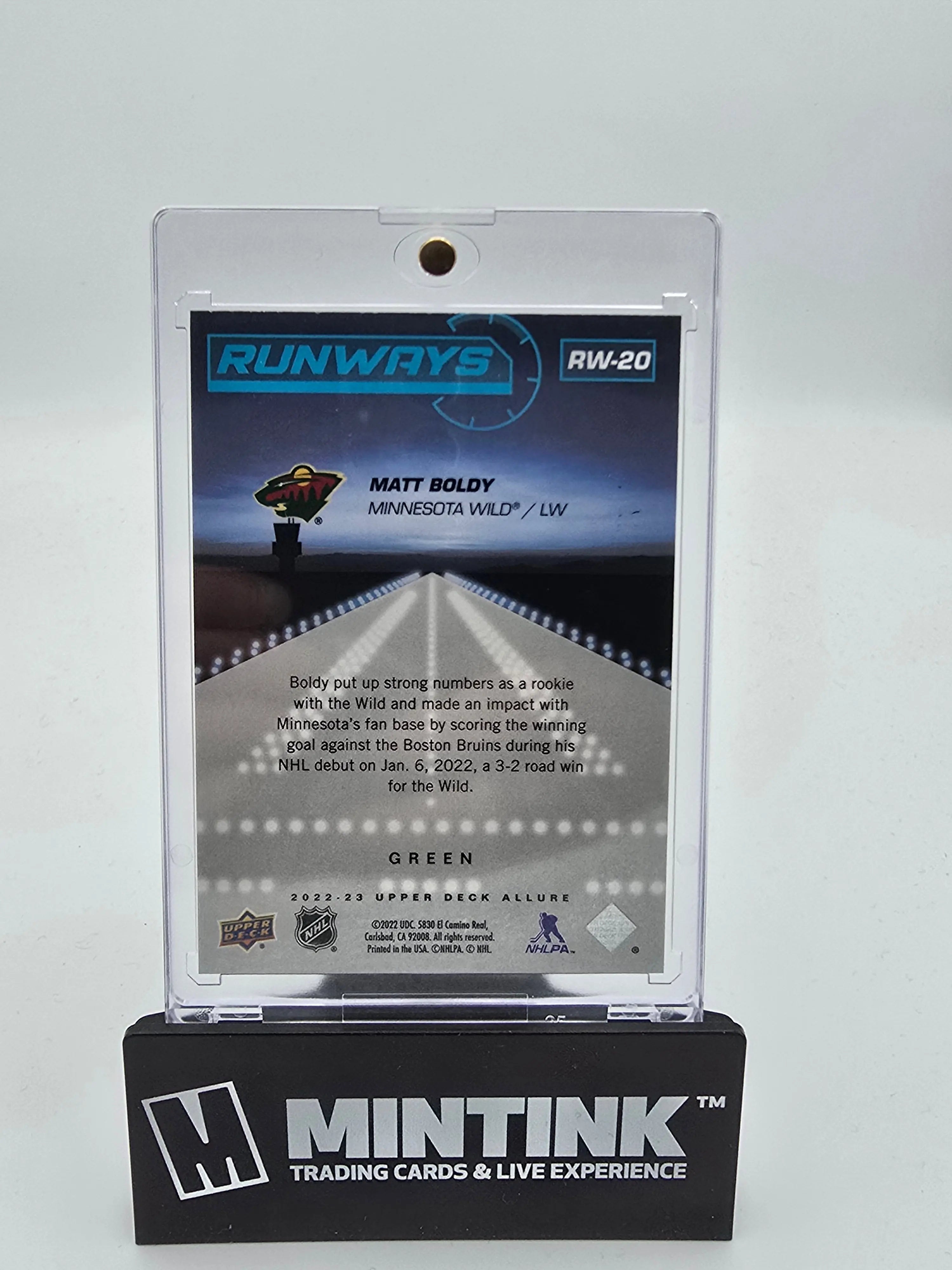 2022-23 Upper Deck Allure Hockey Matt Boldy Rookie Runways Green Parallel /99 - Rare Collectible Hockey Card for Trading & Display