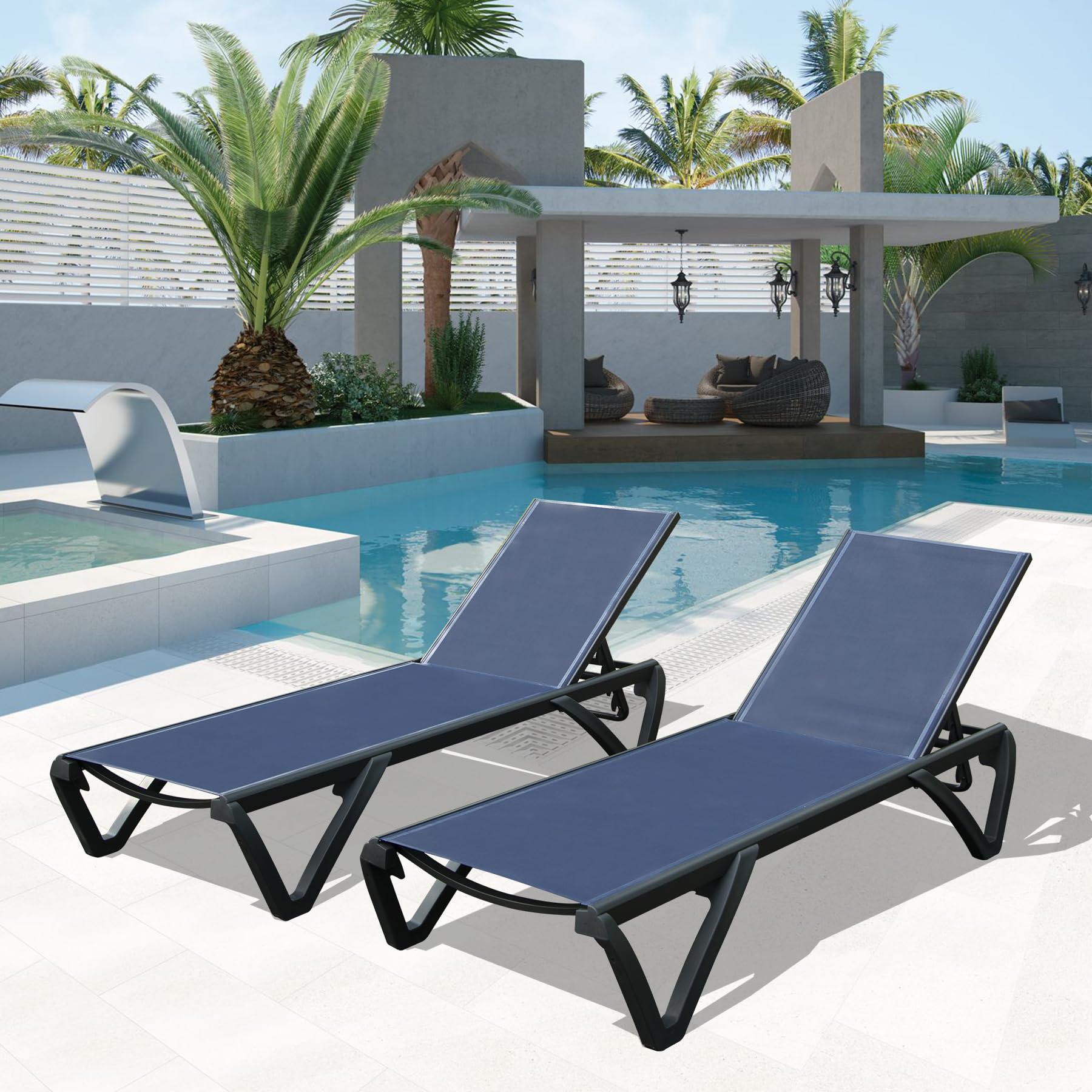 Domi Patio Lounge Chairs Set of 2, 5-Position Adjustable Aluminum Pool Chaise Lounge with Wheels, Outdoor Patio Furniture for Poolside, Beach, Garden, Backyard, Deck - Navy Blue