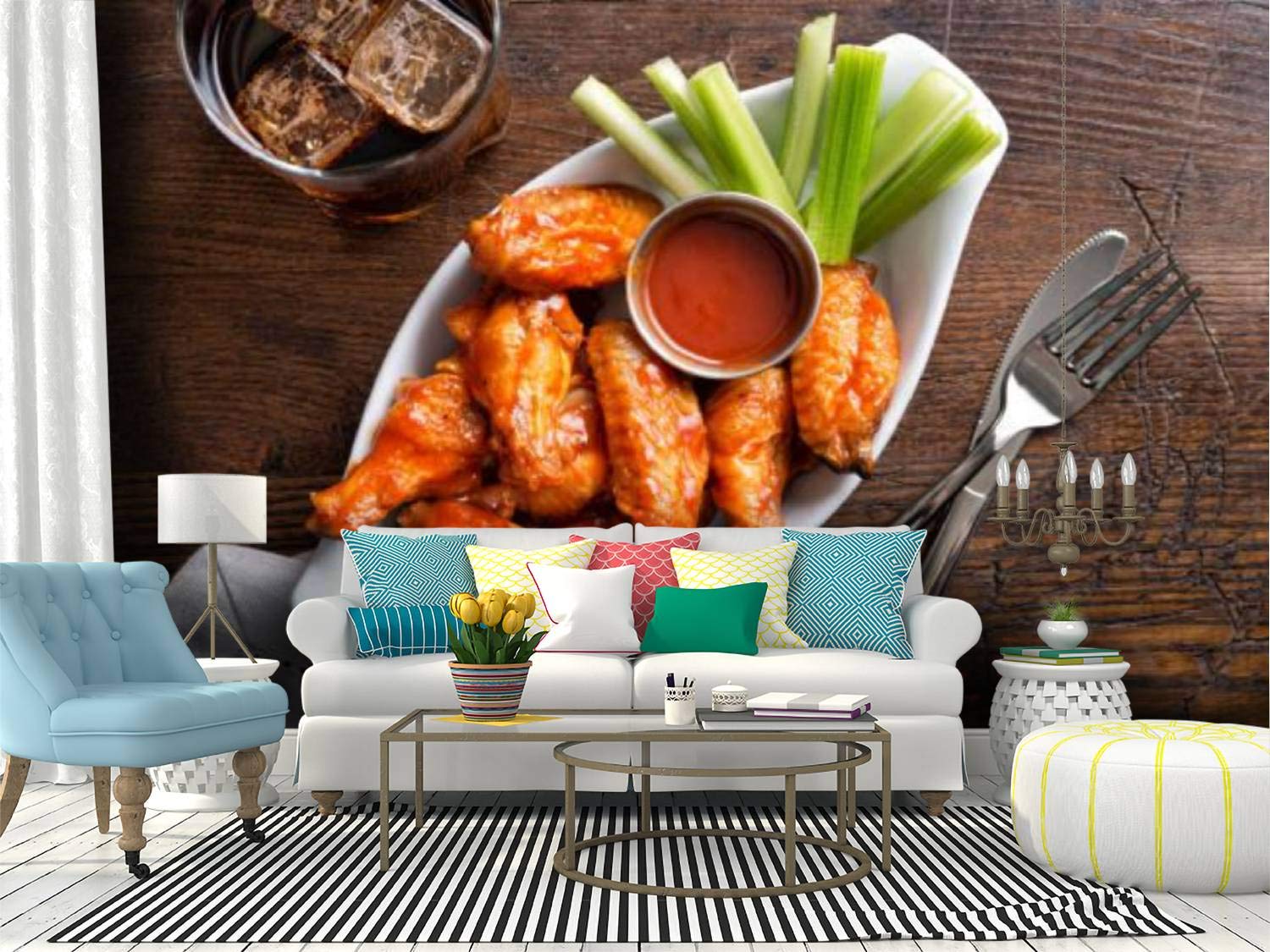 Kanworse Pub Style Buffalo Chicken Wings Canvas Print - Self-Adhesive Peel & Stick Wallpaper Mural for Living Room, Kitchen, Bar & Man Cave Decor | Vintage Food Art Wall Decal