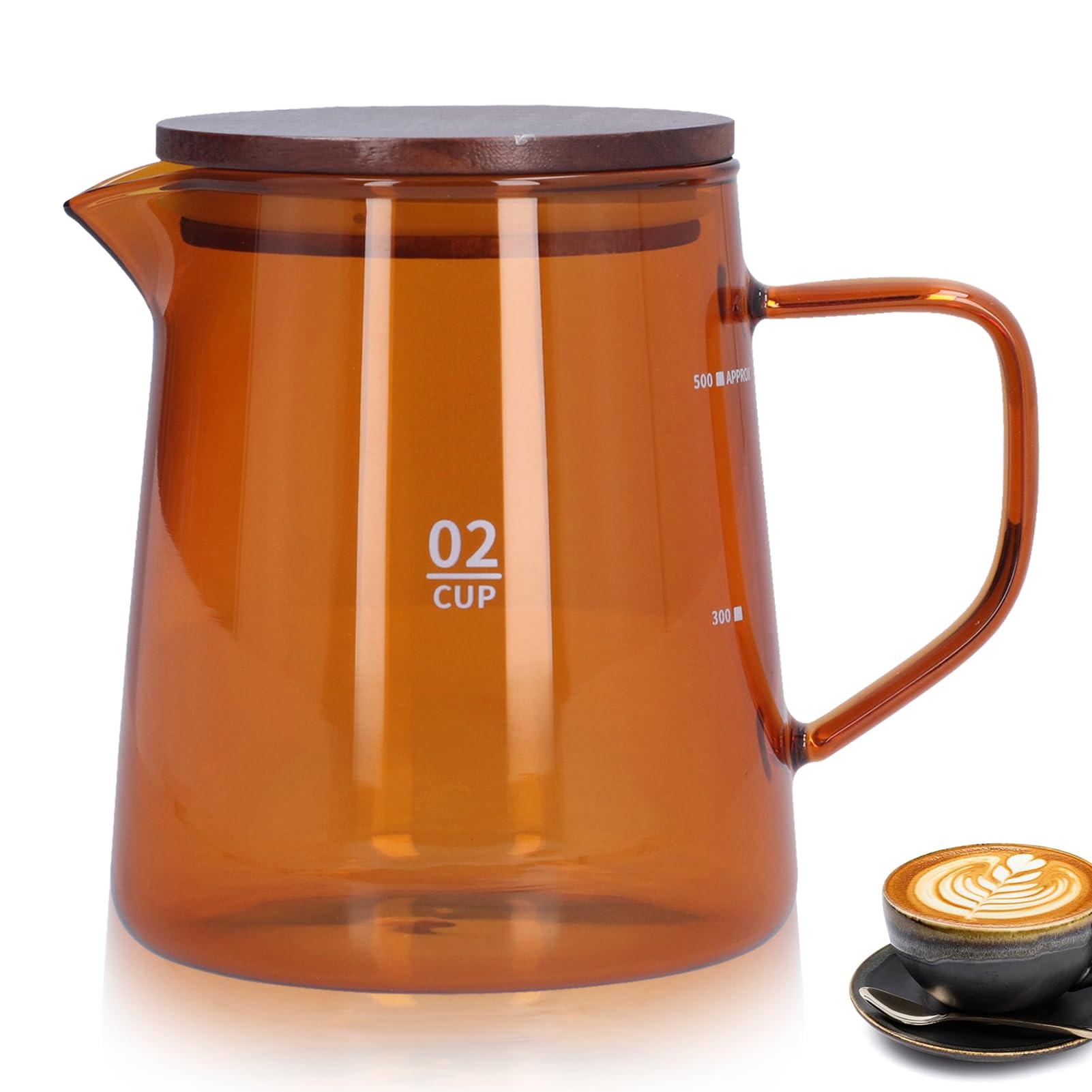 16.9oz Borosilicate Glass Coffee Carafe with Wooden Lid - Drip Coffee Maker Decanter, Manual Pour Over Coffee Server & Tea Steeper - Perfect for Home Brewing, Office Use, and Gift Giving (Brown)