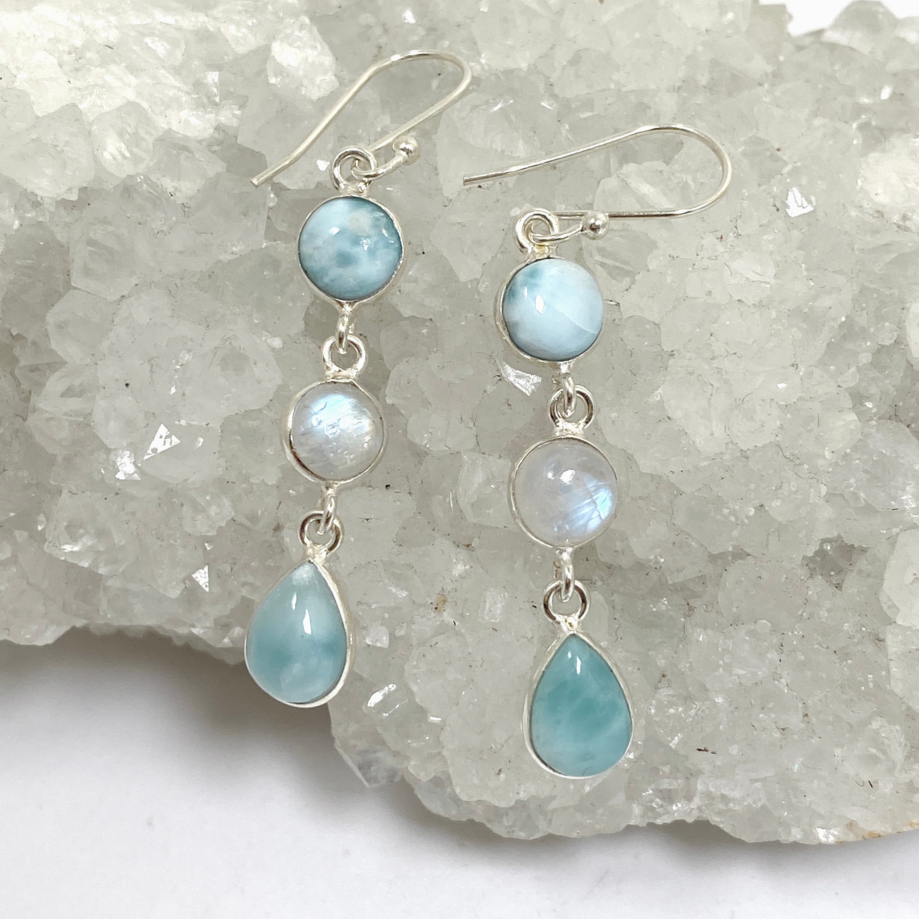 Larimar & Moonstone Dangle Earrings for Women - Handmade Sterling Silver Jewelry - Perfect for Weddings, Parties & Gifts