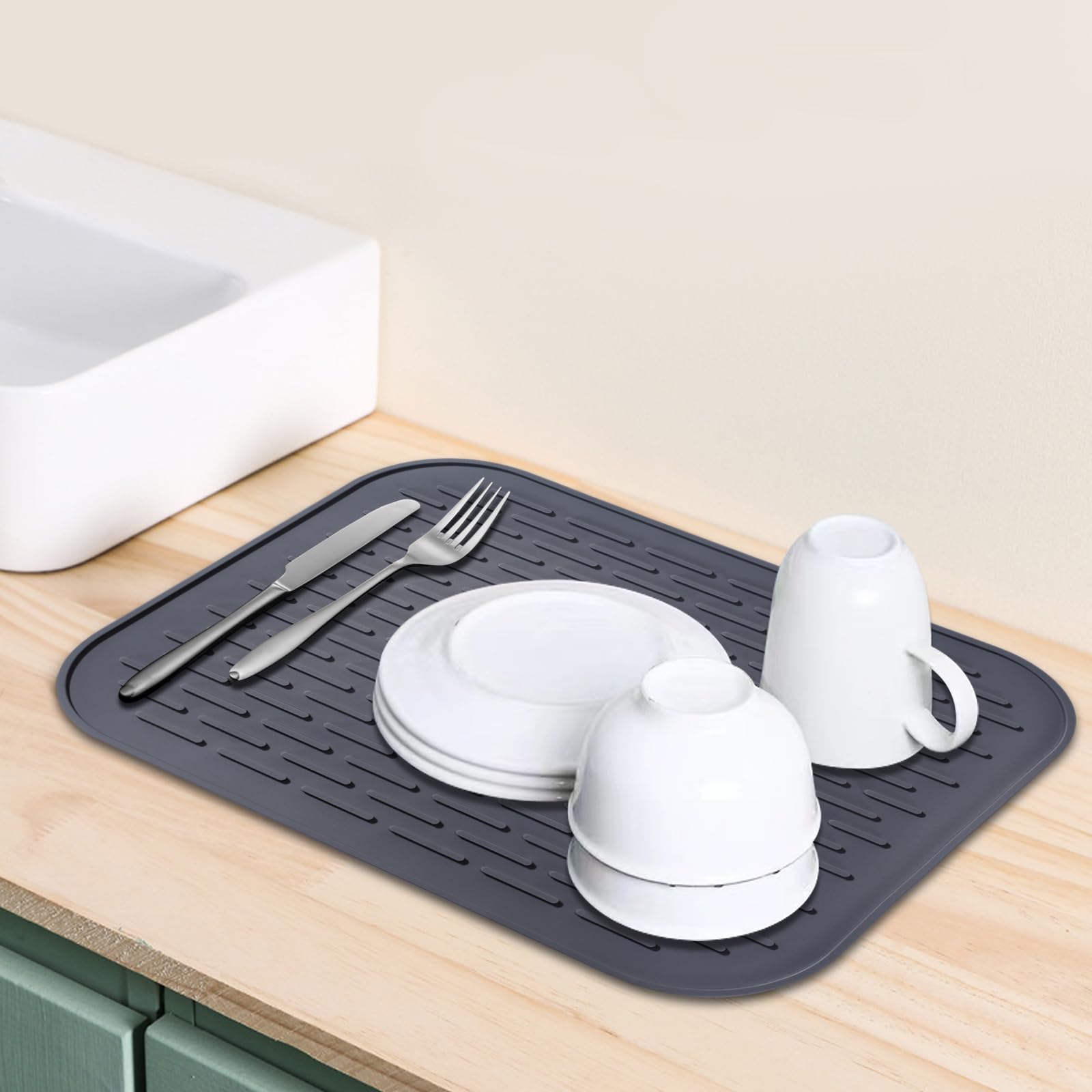Silicone Dish Drying Mat - Non-Slip, Heat Resistant for Kitchen Sink & Counter - Perfect for Dishes & Drawer Liner