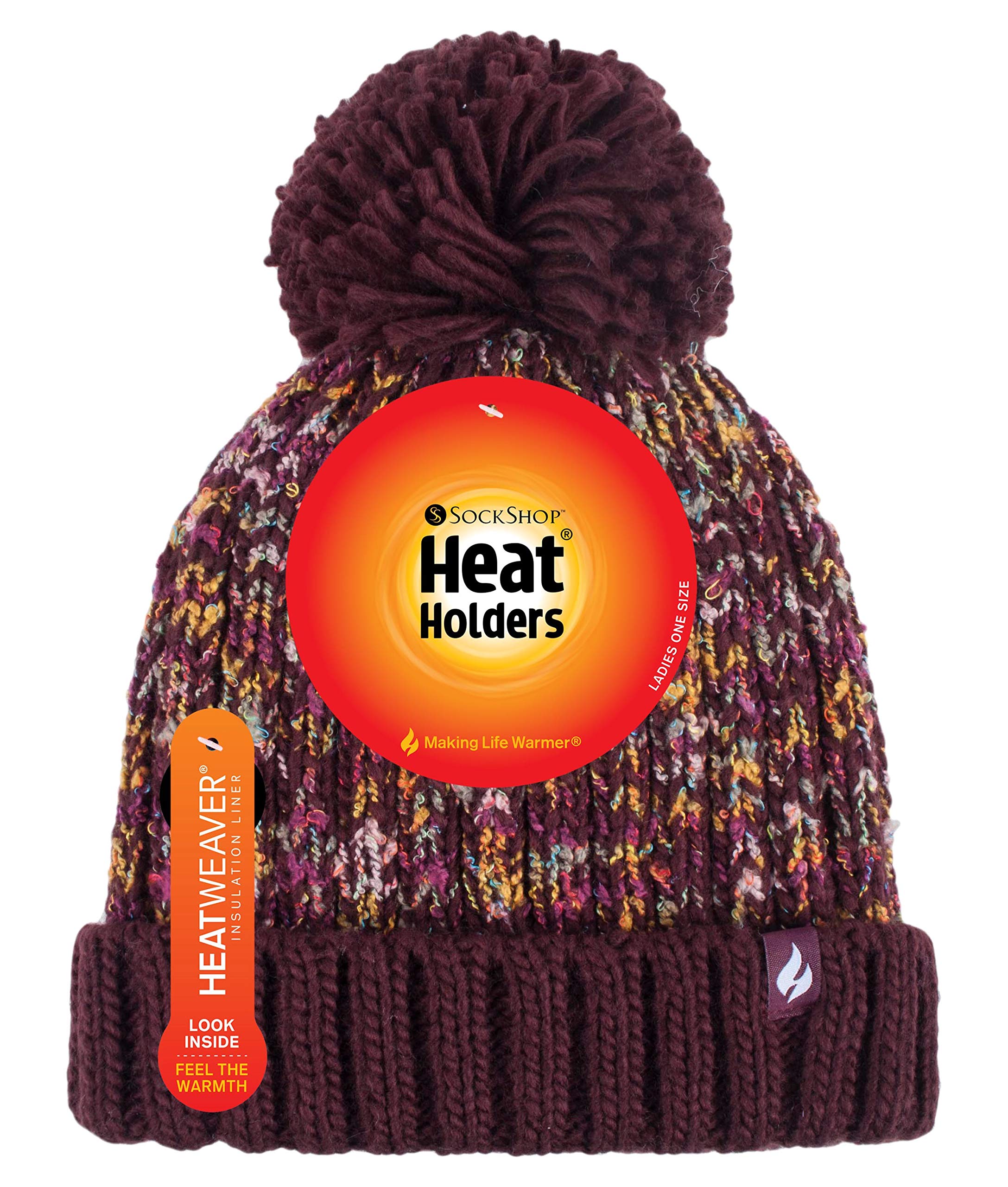 Heat Holders Women's Chunky Knit Thermal Winter Beanie Hat with Extra Large Pom Pom - Warm & Stylish for Cold Weather, Outdoor Activities, and Winter Fashion