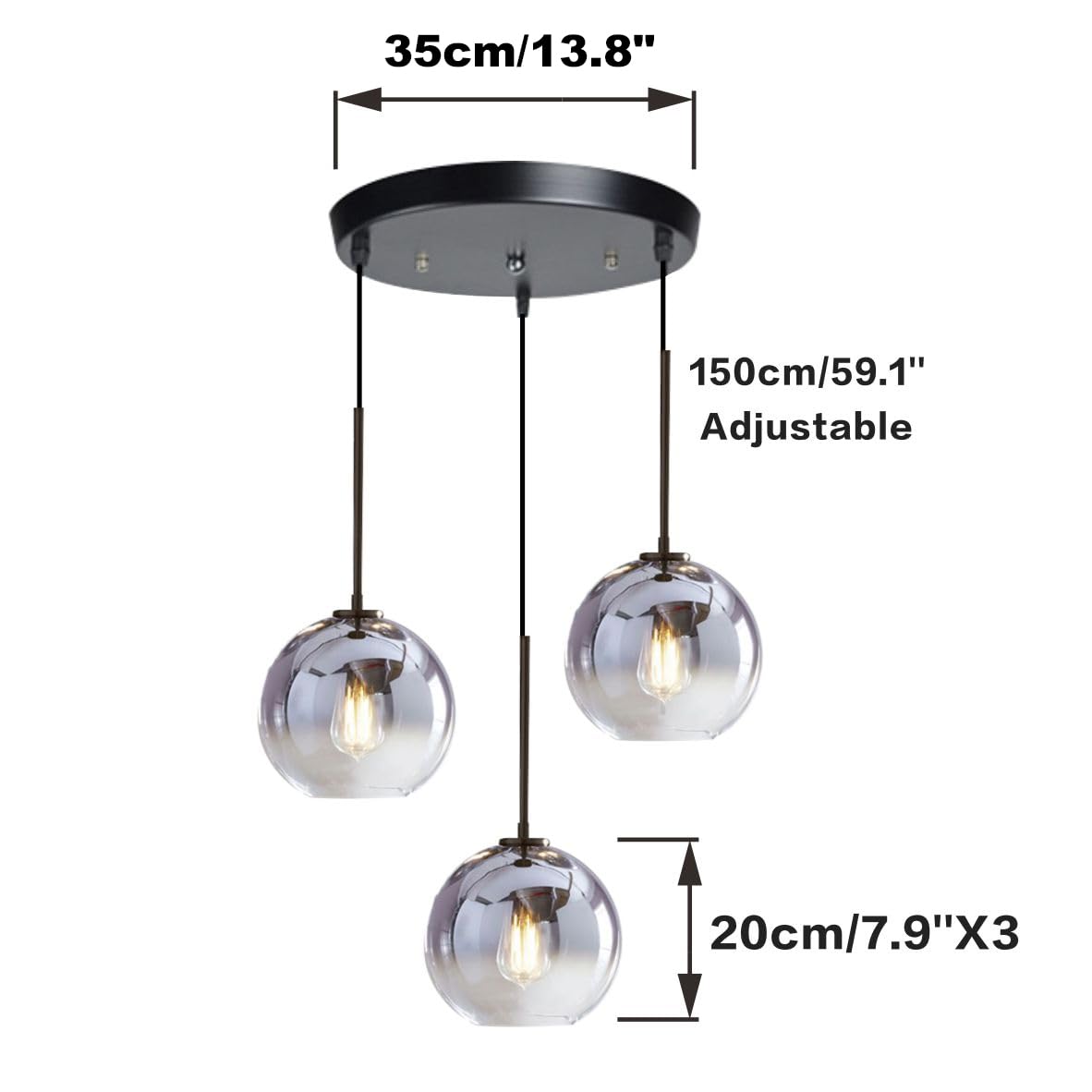 KCO Lighting 3-Pendant Modern Ceiling Chandelier - Large Glass Cluster Fixture with Nordic Mercury Glass Design | Perfect for Dining Room, Living Room & Bedroom Lighting