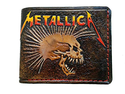 Men's 3D Handmade Genuine Leather Bifold Wallet - Skull & Skeleton Rock Band Music Design - Custom Carved & Tooled Airbrush Art - Personalized Gift for Musicians & Rock Fans - Perfect for Concerts, Gigs & Everyday Use