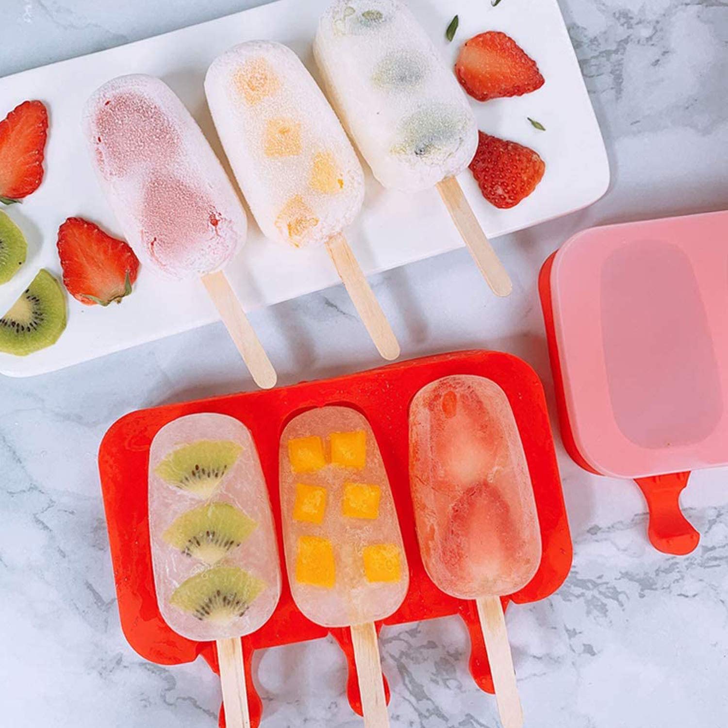 BPA-Free Silicone Popsicle Molds with Lid - 3 Cavity Ice Pop Maker for Homemade Popsicles, Ice Cream & Cake - Easy Release with 100 Sticks (Set of 2, Red) - Perfect for Summer Treats, Kids Snacks & Party Desserts