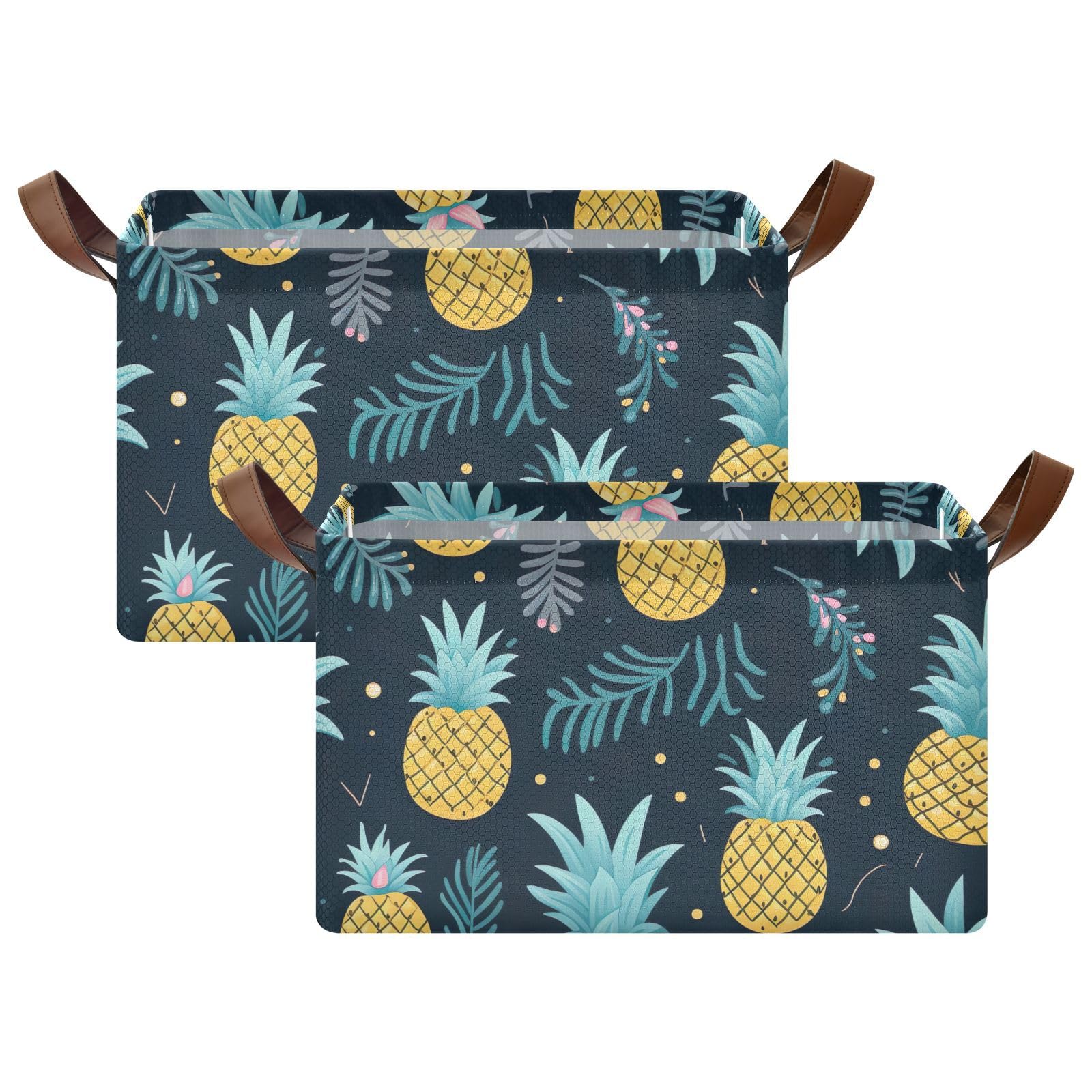 Foldable Storage Bins with Handles - 2 Pack Pineapple Tropical Design Collapsible Shelves & Baskets (16.9