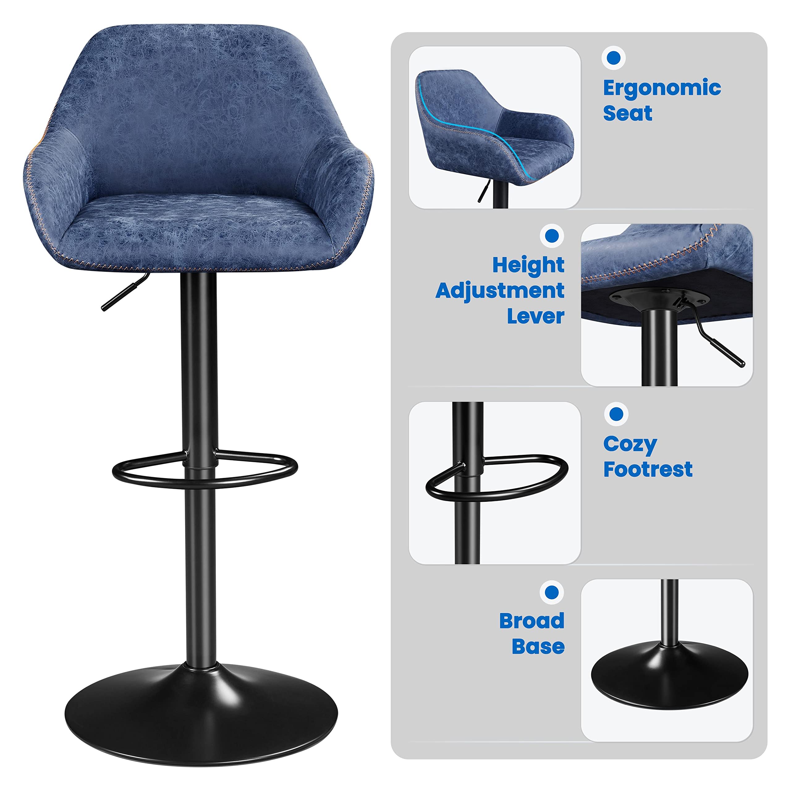 Yaheetech 4-Pack Adjustable Swivel Bar Stools with PU Leather Seat, Backrest & Footrest - Counter Height Kitchen Island Stools for Home, Restaurant & Bar - Modern Blue Bar Chairs for Dining & Entertaining