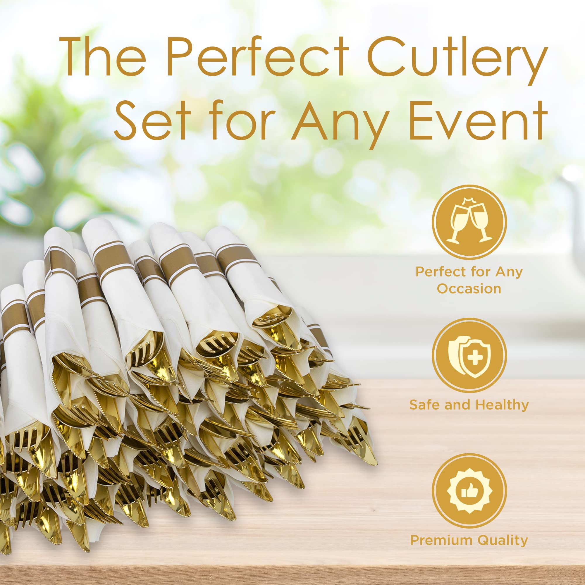 50-Piece Gold Wrapped Plastic Cutlery Set with White Napkins - Disposable Silverware for Parties, Weddings & Events - Elegant Forks, Spoons & Knives - Perfect for Catering, Birthday Celebrations & Formal Dinners - By Zulzzy