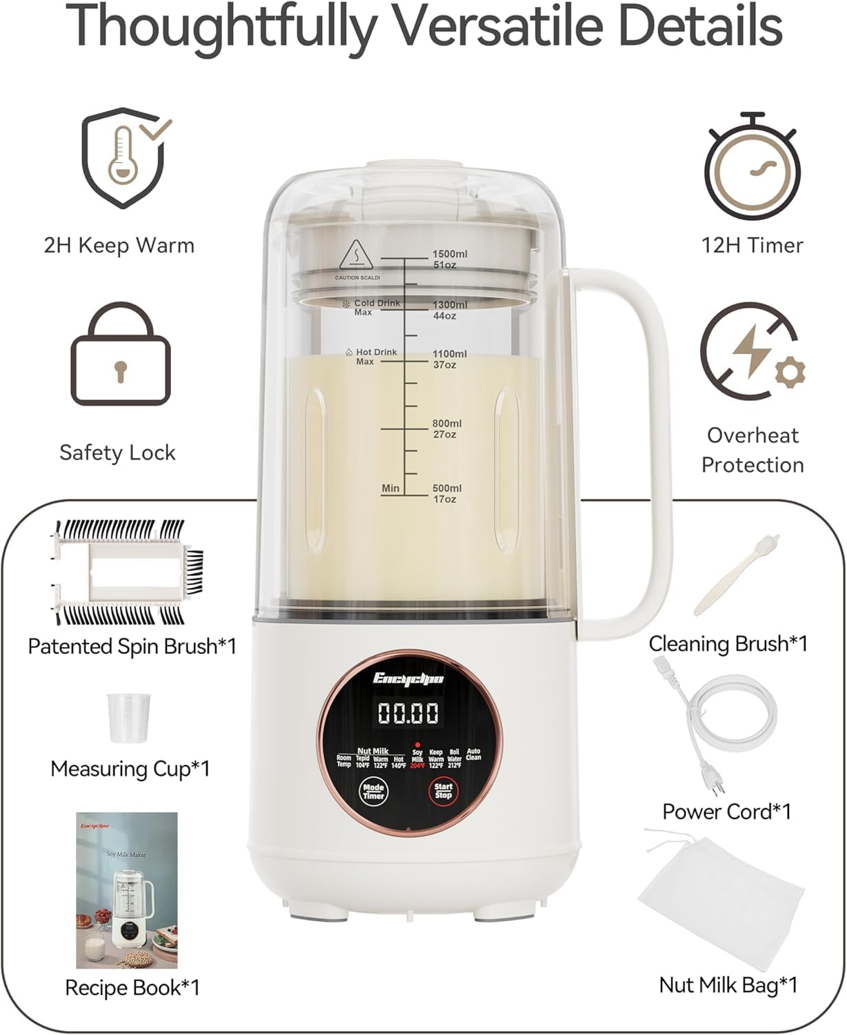 50oz Automatic Nut Milk Maker - Homemade Soy, Almond & Oat Milk Machine with Auto Clean, Boil & Keep Warm | Includes Spin Clean Brush & Nut Milk Bag | Perfect for Vegan, Dairy-Free & Keto Diets | Great for Breakfast Smoothies, Coffee Creamer & Healthy Snacks