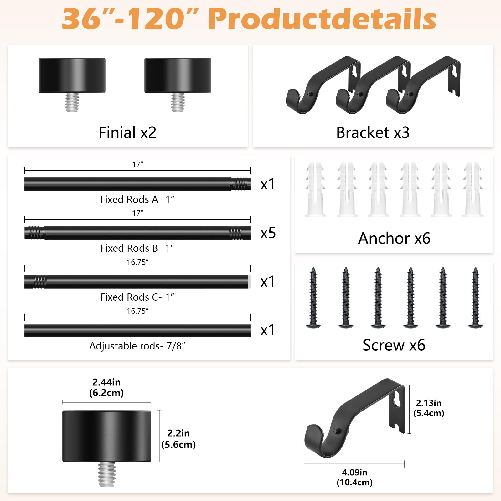 OLV 66-120 Inch Black Curtain Rod - Heavy Duty Adjustable Drapery Rod for Windows