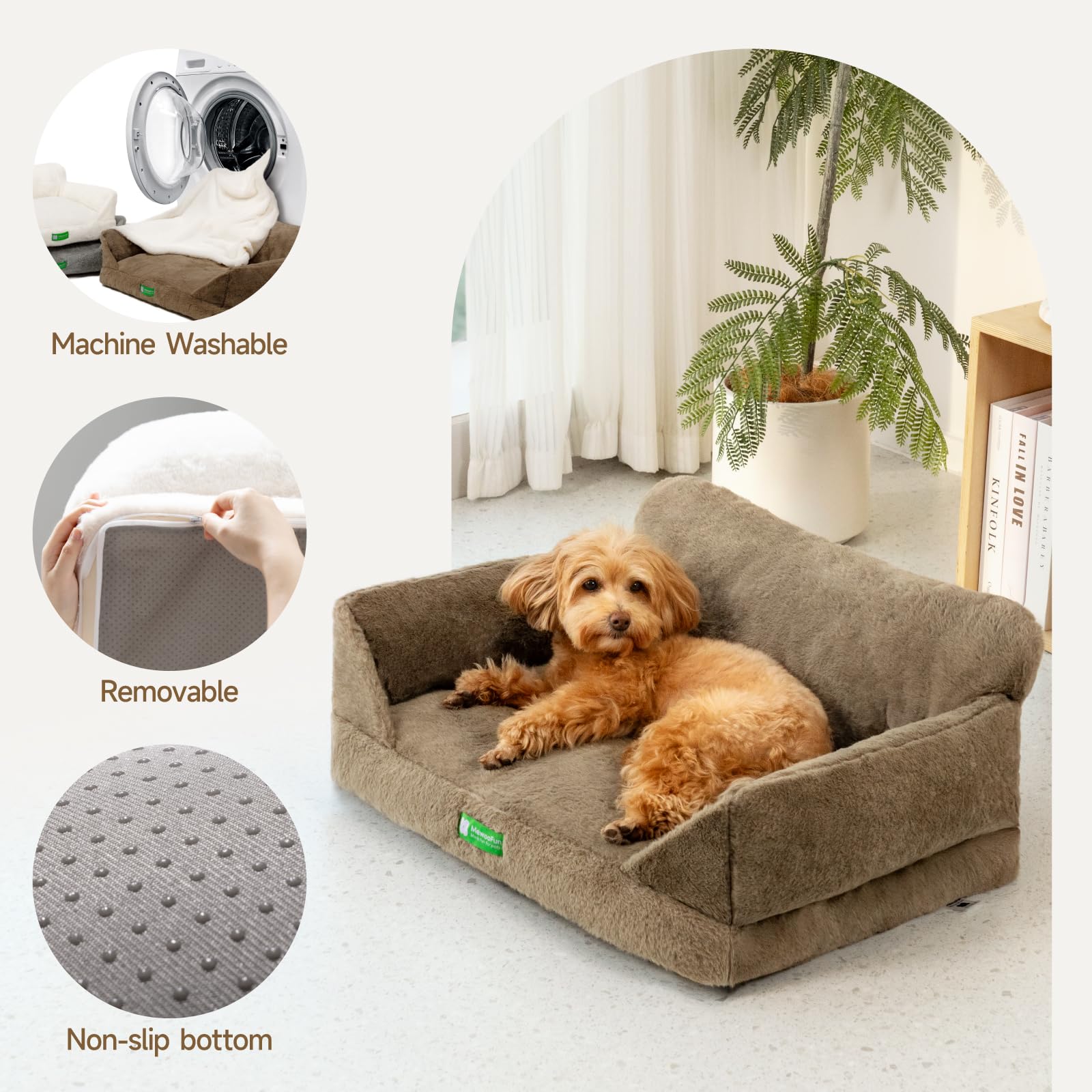 MEWOOFUN Pet Sofa Bed for Small Dogs & Cats - Soft Fluffy Couch with Non-Slip Bottom & Washable Cover - Cozy Indoor Pet Bed for Puppies, Kittens (Brown, Medium) - Perfect for Living Room, Bedroom & Pet Nap Time