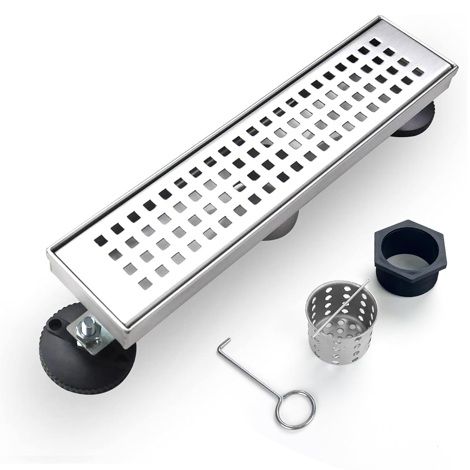 12 Inch Linear Shower Drain with Removable Grate - AISI 304 Stainless Steel Shower Floor Drain with Hair Catcher & Adjustable Leveling Feet - Modern Bathroom Drainage Solution for Walk-In Showers and Wet Rooms