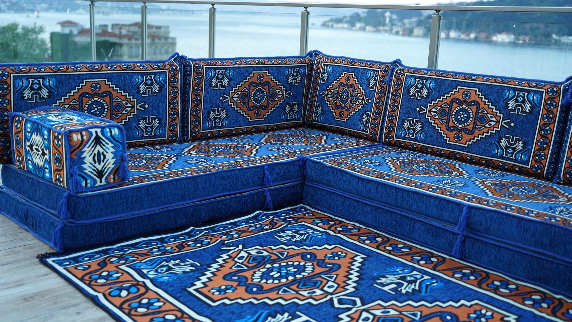 Handmade Navy Blue Single Arabic Floor Sofa Set - Moroccan Style Living Room Floor Couch with 8