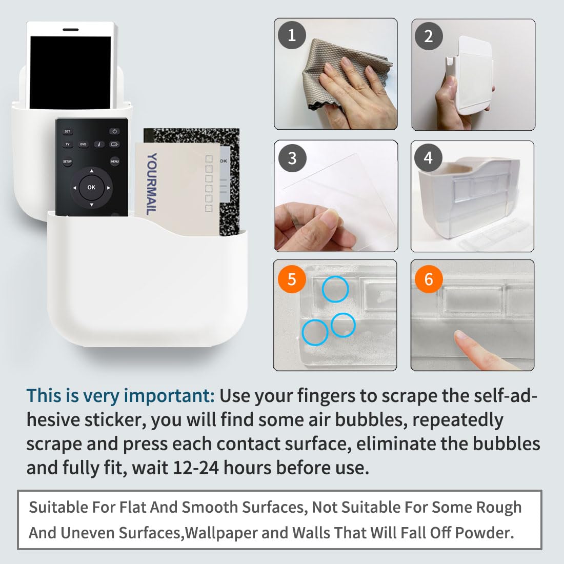Wall Mount Remote Control Holder - Self Adhesive Organizer for Office & Bedroom - White Storage Box for Phones & Mail