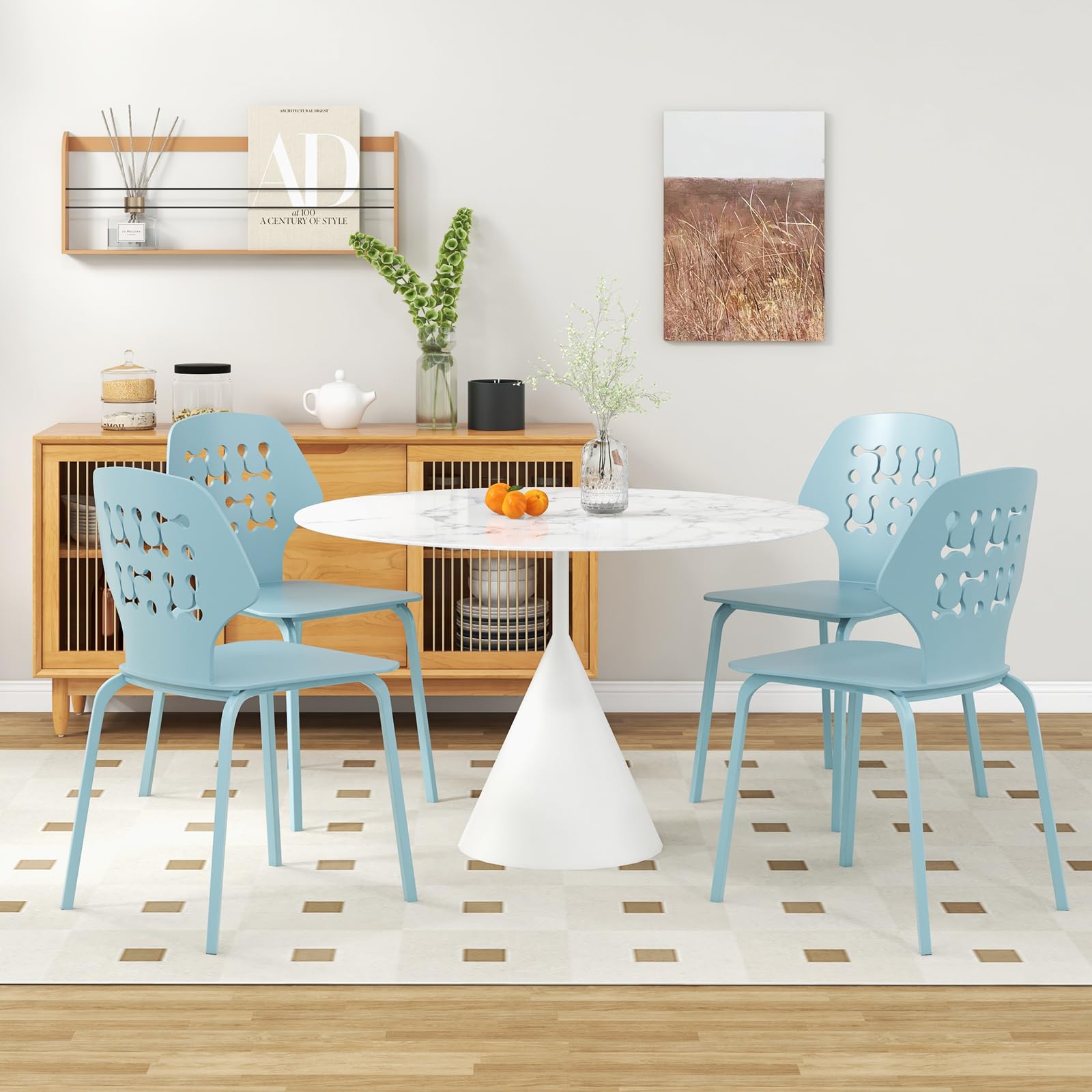 GOFLAME Armless Dining Chairs Set of 4 - Modern Hollow Backrest Metal Leg Accent Chairs for Kitchen, Dining & Living Room - Blue Velvet Upholstery - Perfect for Small Spaces & Contemporary Home Decor
