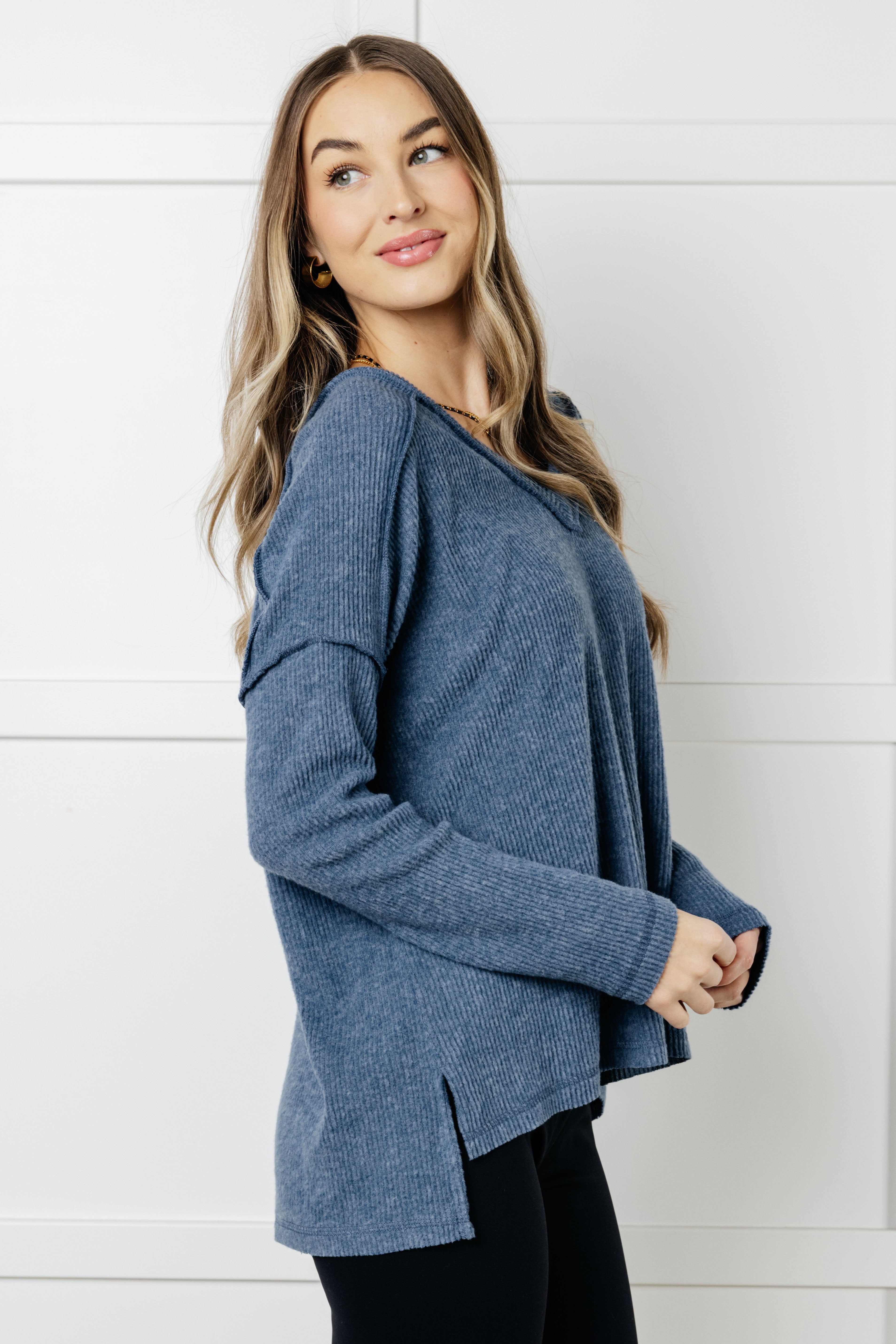 Soft Brushed Hacci Sweater Top in Dusty Blue | Cozy Winter Pullover for Women | Perfect for Casual Outfits & Layering in Cold Weather