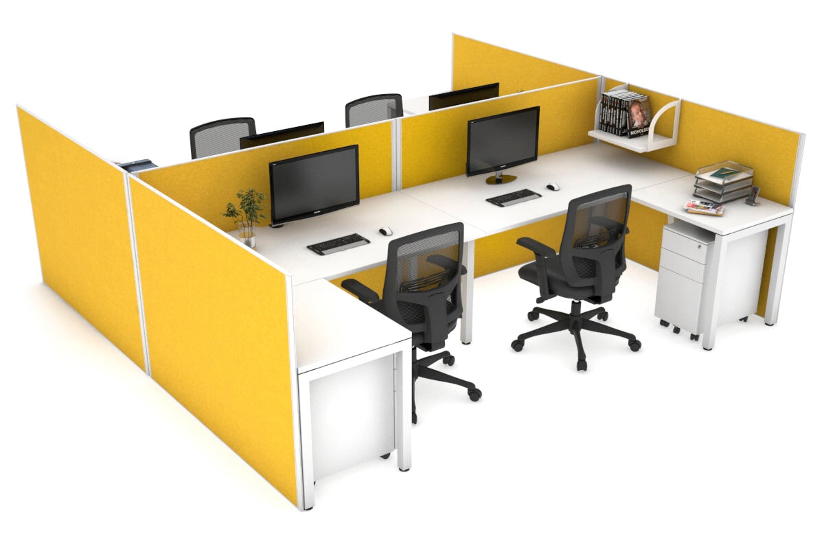 Quadro 4-Person Corner Workstation with Square Legs - H Configuration, White Frame (1600L x 1800W) - Office Desk with Cable Management Scallop for Collaborative Workspaces & Team Environments