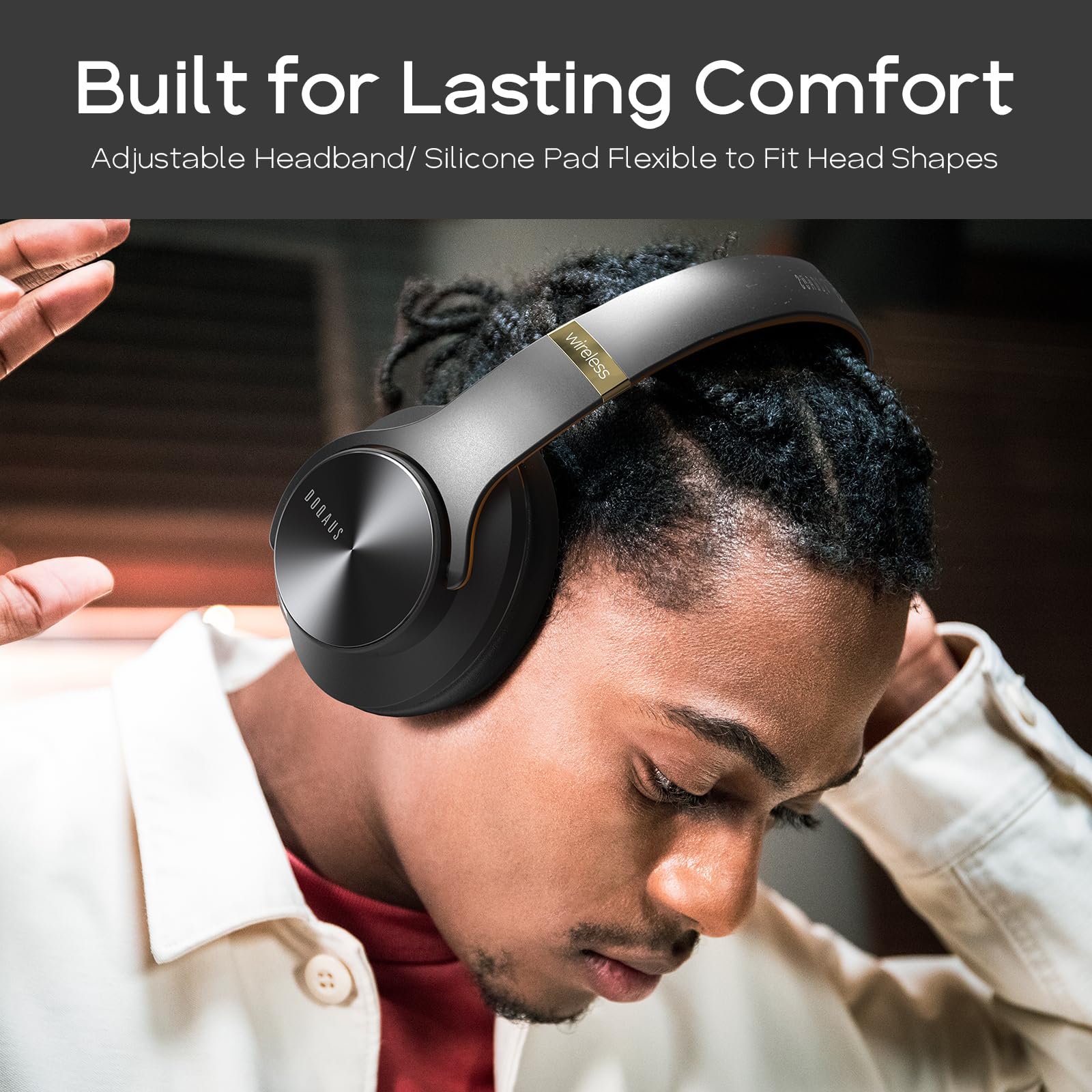 DOQAUS Wireless Over-Ear Bluetooth Headphones - 90H Playtime, HiFi Stereo, 3 EQ Modes, Foldable Design with Built-in Mic for PC, Phone & Tablet (Black Brown) - Perfect for Work, Travel & Gaming