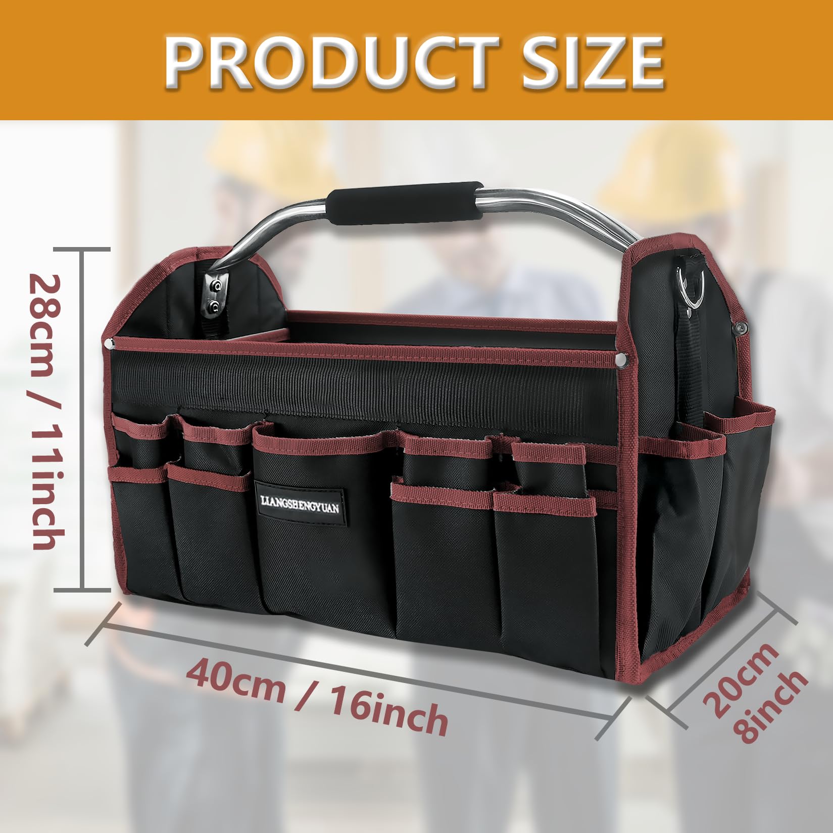 16-Inch Heavy Duty Open Top Tool Tote Bag with 30 Pockets - Waterproof Electrician Tool Carrier for Men - Foldable Wide Mouth Design with Stainless Steel Handle & Removable Shoulder Strap - Perfect for Construction, HVAC Work and DIY Home Improvement Projects