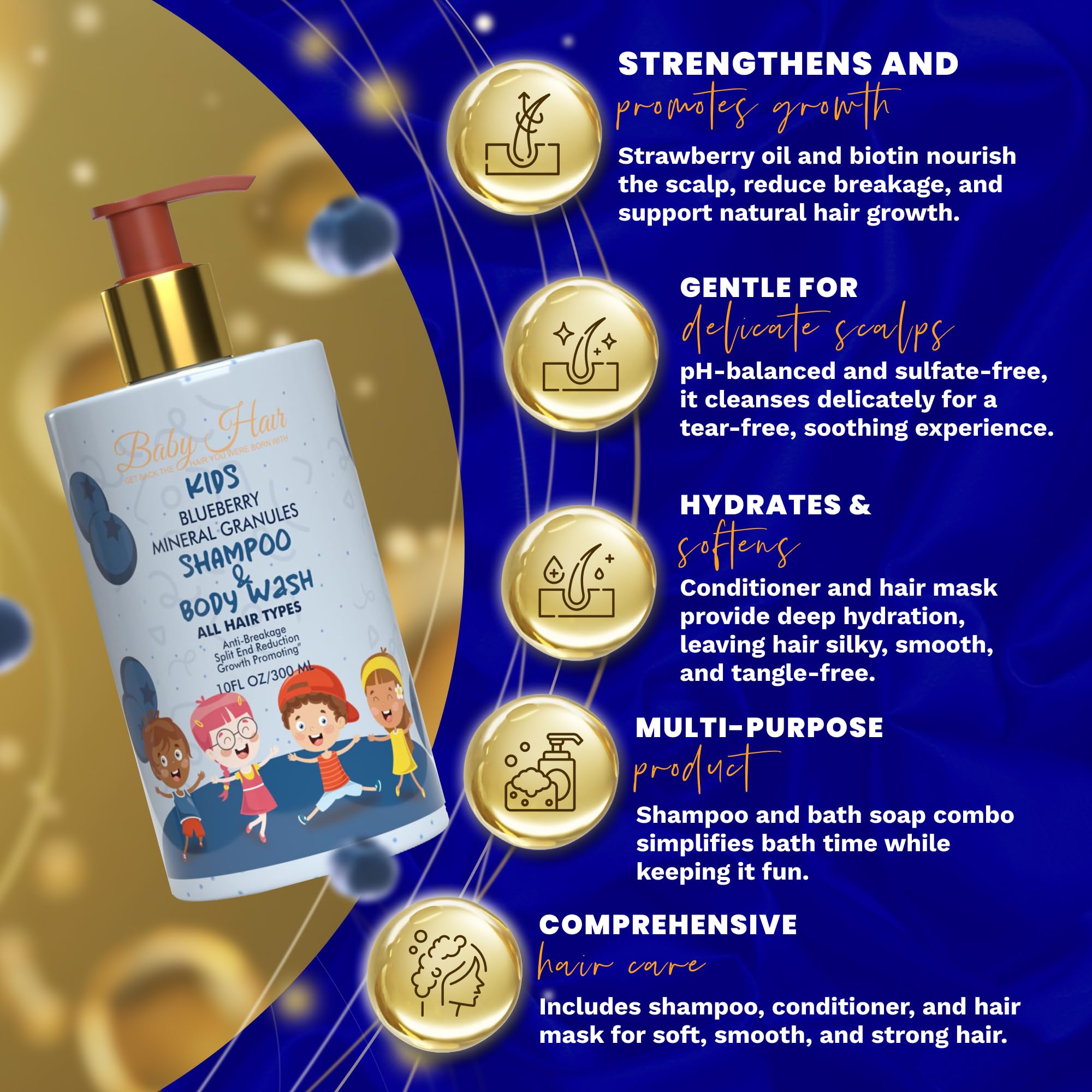 Blueberry Mineral Kids Shampoo & Body Wash - Sulfate-Free, Tearless Baby Hair Care with Blueberry, Strawberry Oil & Aloe Vera (10 fl.oz) | Gentle Cleansing for Sensitive Skin, Perfect for Daily Bath Time & Toddler Hair Care