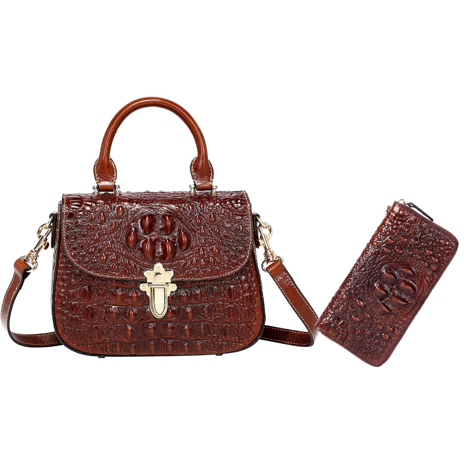 PIJUSHI Genuine Leather Crossbody Shoulder Bag for Women - Crocodile Embossed Satchel Purse with Matching Wristlet Wallet Set | Perfect for Work, Travel & Everyday Use