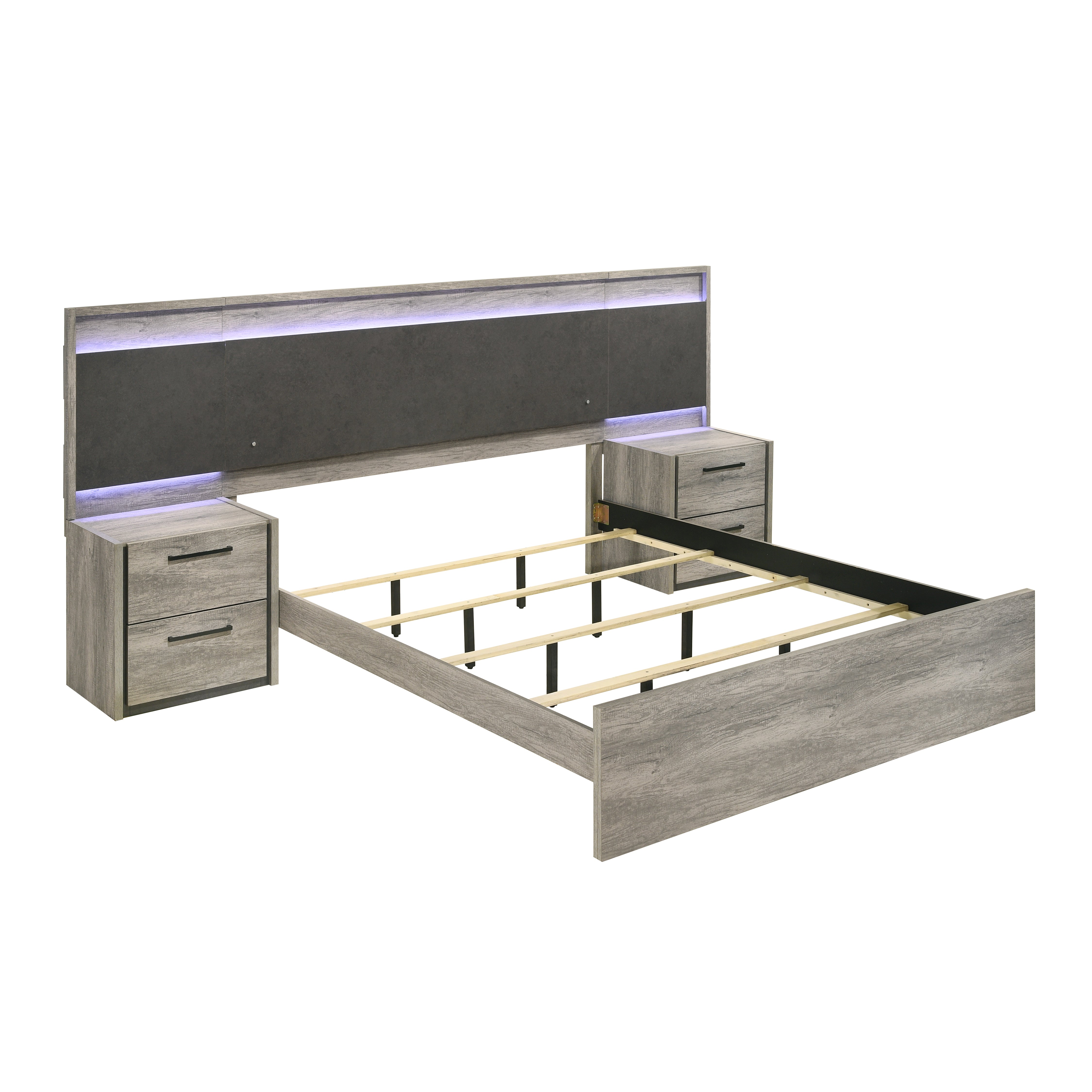 Roundhill Furniture Lenca LED Wallbed with Nightstands - Space-Saving Murphy Bed in Weathered Gray Finish | Perfect for Small Apartments, Guest Rooms & Home Offices
