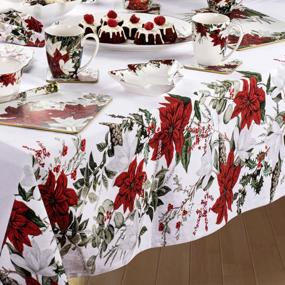 Premium 100% Cotton Ashdene Poinsettia Christmas Tablecloth 60x90 Inches - Festive Holiday Dining Decor for Parties & Family Gatherings
