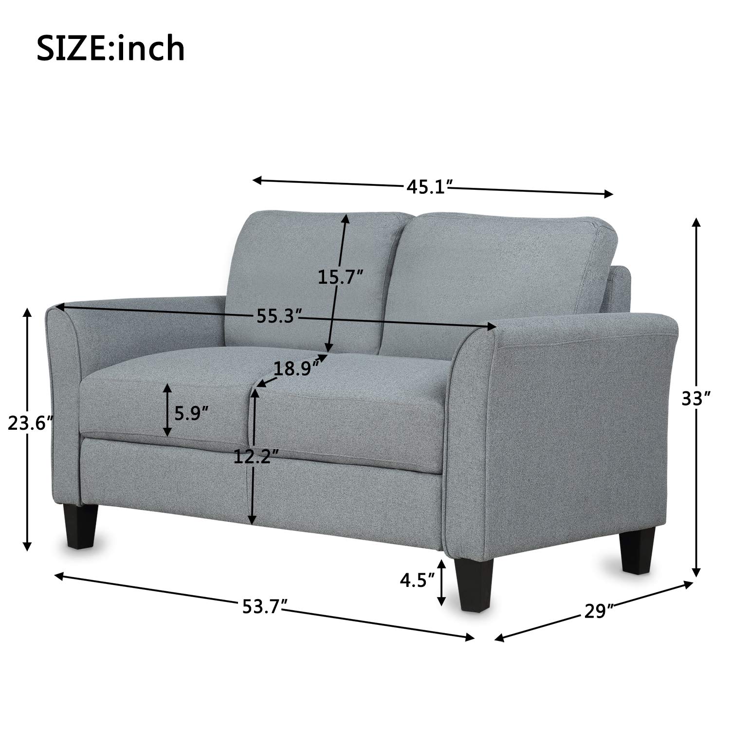 Rockjame Upholstered Fabric Sofa with Sturdy Hardwood Frame - Comfortable Living Room Couch for Bedroom, Office, Apartment & Dorm | Perfect for Small Spaces & Studio Apartments (Gray)