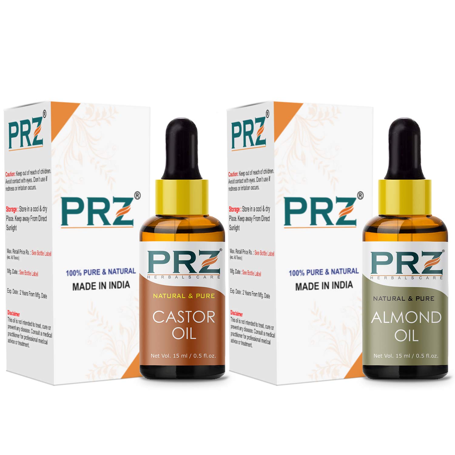 PRZ Cold Pressed Castor & Almond Carrier Oil Set - 100% Pure Natural Therapeutic Grade for Aromatherapy, Massage, Skin & Hair Care (15ML Each) | Perfect for DIY Beauty Recipes, Scalp Treatment & Relaxing Spa Nights at Home