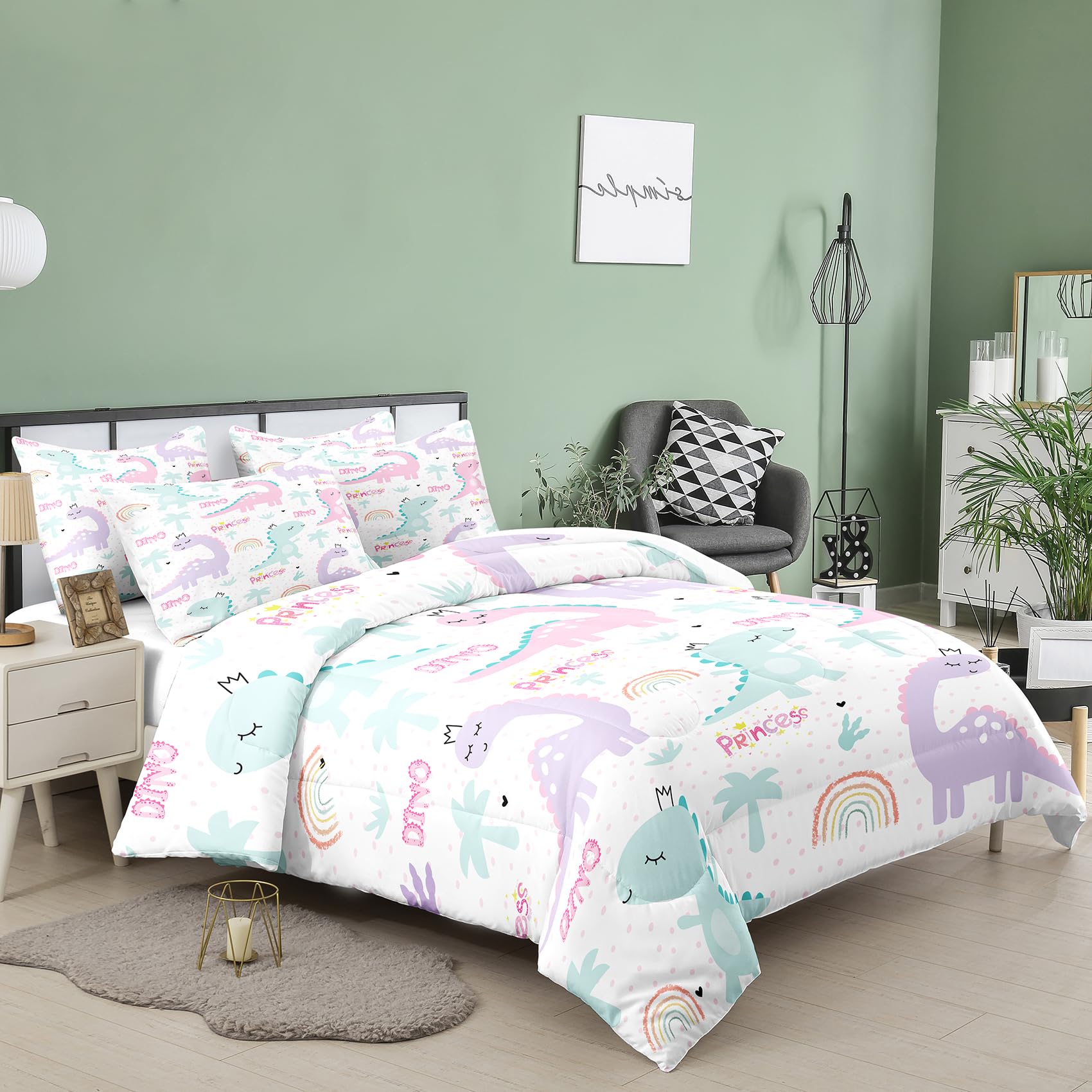 **NINENINE Twin Bedding Set for Girls - Dinosaur & Princess Themed Comforter Set, Soft Toddler Bedding for Kids (1 Comforter + 1 Pillowcase) - Perfect for Bedrooms, Sleepovers & Playrooms**