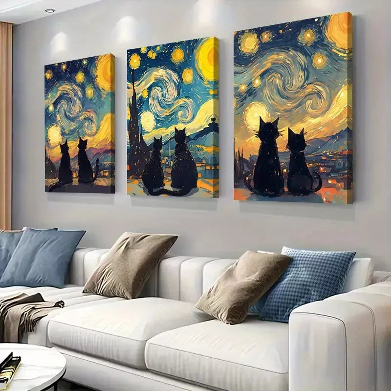 3-Piece Starry Cats Night View Art Set - Framed Canvas 50x70cm (20x28in) - High Quality Wall Art Print - Ready to Hang Home Decor for Living Room, Bedroom & Office