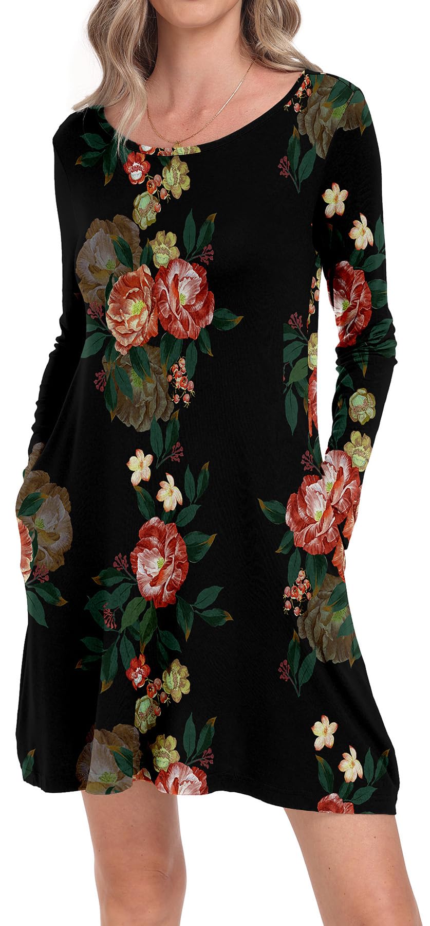 Women's Long Sleeve Pocket T-Shirt Dress - Casual Loose Fit Comfortable Cotton Maxi Dress for Everyday Wear, Lounge & Outings