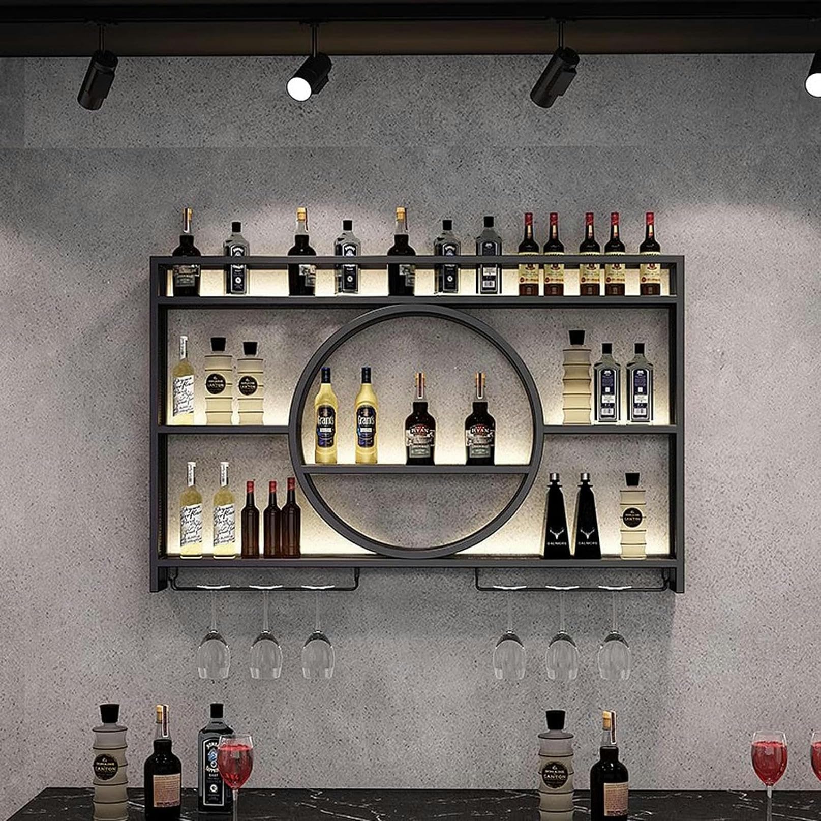 GLJTUO Wall Mounted Wine Rack Metal, Floating Shelf for Bar Units, Wall Mounted Bottle Holder, Iron Wine Shelf with Shelves - Ideal for Home, Restaurant, Bar Decor (Black with Light, 120cm) - Perfect for Wine Storage and Display in Living Rooms, Kitchens & Dining Areas
