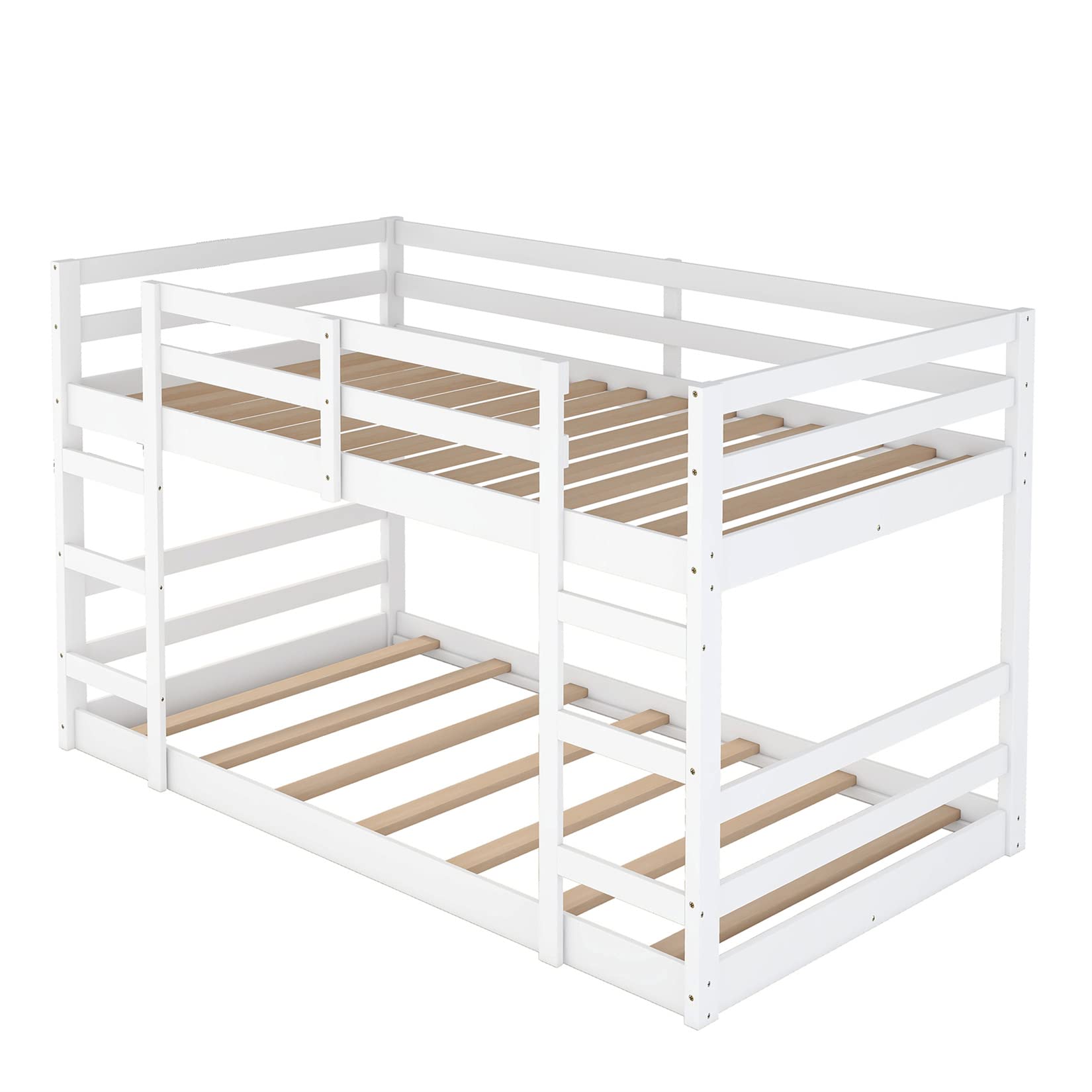 Twin Over Twin Wooden Bunk Bed Frame for Kids & Teens - Low Profile Floor Bunkbed for Boys, Girls, Toddlers - Perfect for Small Bedrooms, Dorms & Shared Kids' Rooms (White)