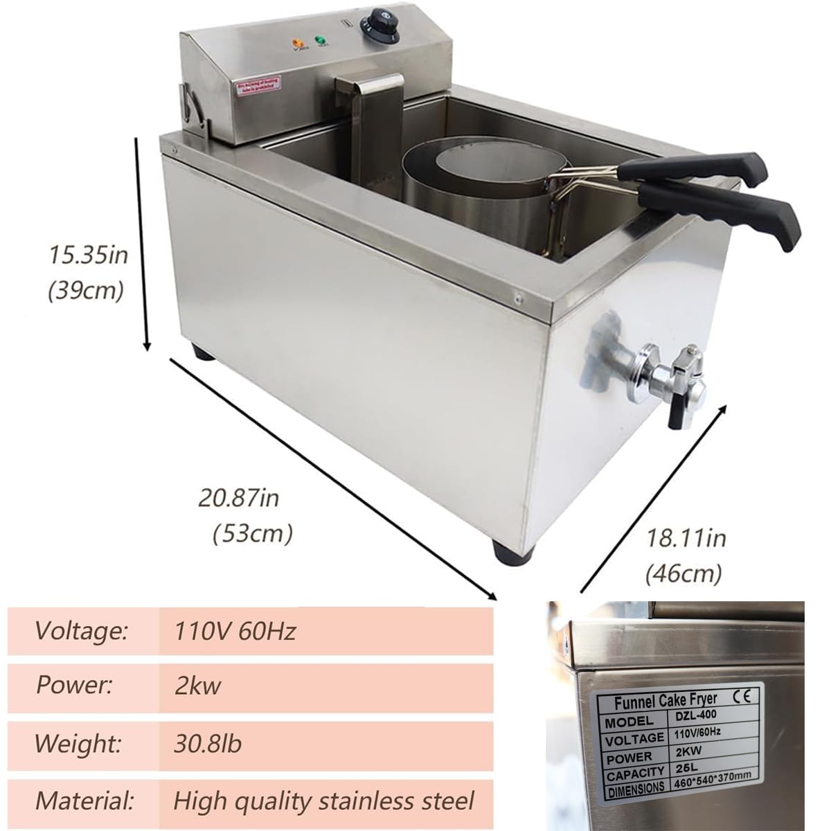 INTSUPERMAI 110V 2000W 22L Commercial Electric Deep Fryer - Stainless Steel Industrial Funnel Cake & Donut Maker with Temperature Control & 2 Removable Baskets - Perfect for Restaurants, Food Trucks, and Carnival Snack Businesses