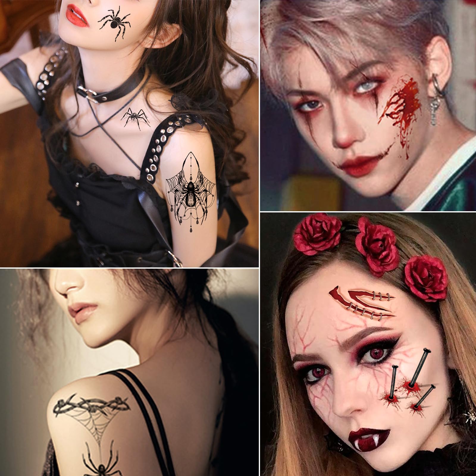 Waterproof Fake Zombie Scar Tattoos & Vampire Teeth Kit - 30 Sheets Halloween Makeup Stickers with Spider & Mouth Designs for Cosplay, Costume Parties, Horror Events & Scary Movie Nights