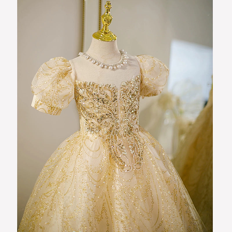 Gold Princess Jewel Neck Floor Length Sequined Flower Girl Dress for Weddings, Pageants & Special Occasions