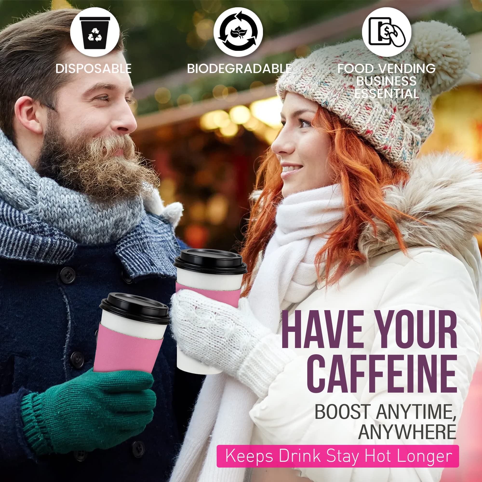 500 Pack 16 oz Disposable Coffee Cups with Lids & Pink Sleeves - Lead-Free Sturdy To-Go Hot Paper Cups for Coffee, Tea, Parties, Weddings, Birthdays - Ideal for Home, Office, Cafes & Events (Black Lids)