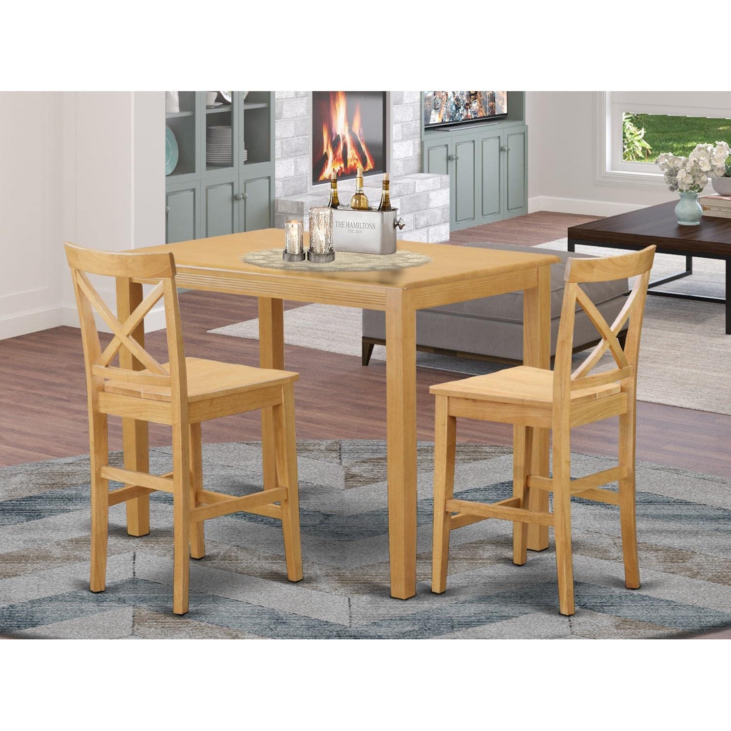 East West Furniture 3-Piece Kitchen Counter Height Dining Set - 30x48 Inch Oak Table with 2 Wooden Chairs | Modern Breakfast Nook & Small Space Dining Solution