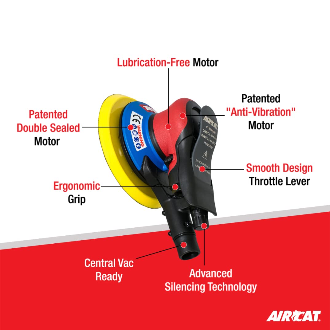 AIRCAT 6700-6-332CV Orbital Palm Sander - 11,000 RPM Pneumatic Central Vacuum Sander for Woodworking & Auto Body Repair | Perfect for Sanding Furniture, Floors & Car Paint Prep