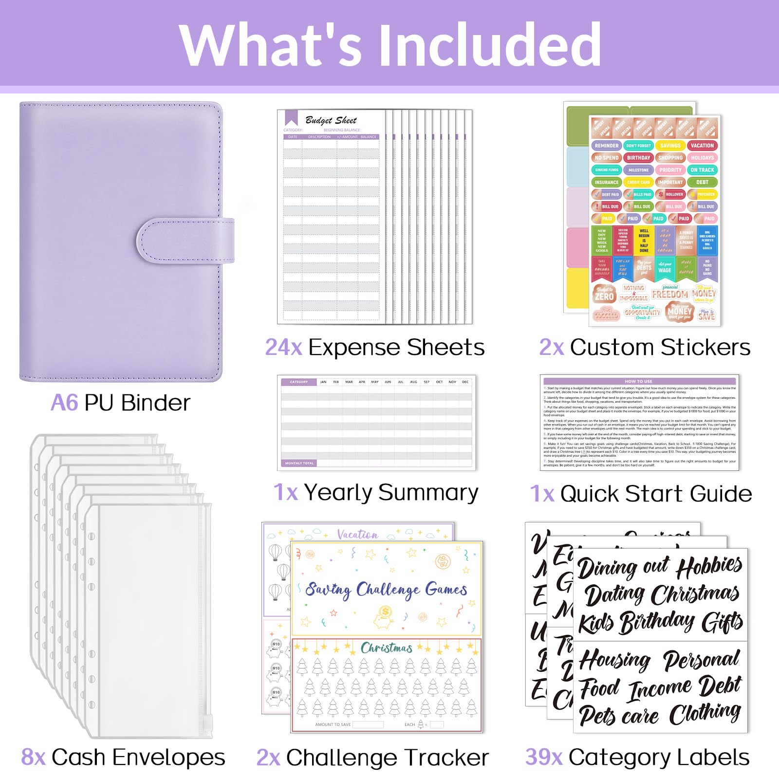 Sooez Budget Binder with Money Saving Challenge - Cash Envelopes, Expense Tracker & Category Labels for Home, Office & School - Perfect for Financial Planning, Bill Organization & Savings Goals