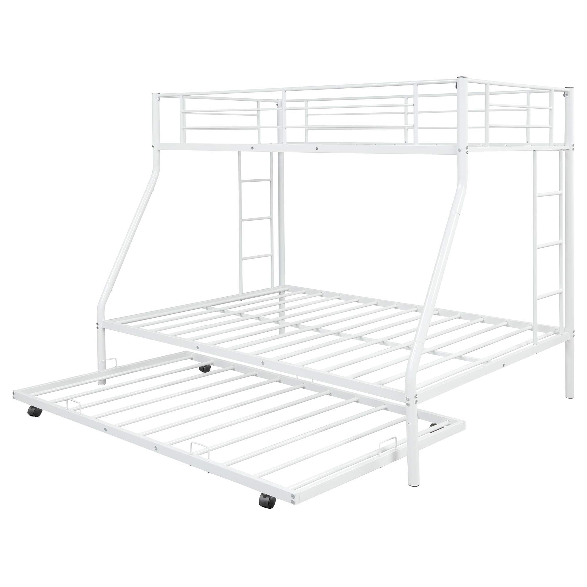 Metal Bunk Beds Twin Over Full Size with 2 Ladders & Trundle Bed - Sturdy Space-Saving Bunk Bed for Kids, Teens & Adults (White) | Perfect for Small Bedrooms, Guest Rooms & Vacation Homes