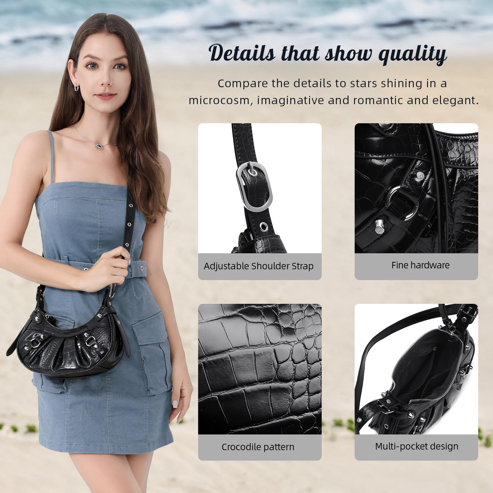Stylish Women's Crossbody Shoulder Bag with Adjustable Strap - Punk Studded Y2K Underarm Purse for Everyday Use, Travel & Night Out